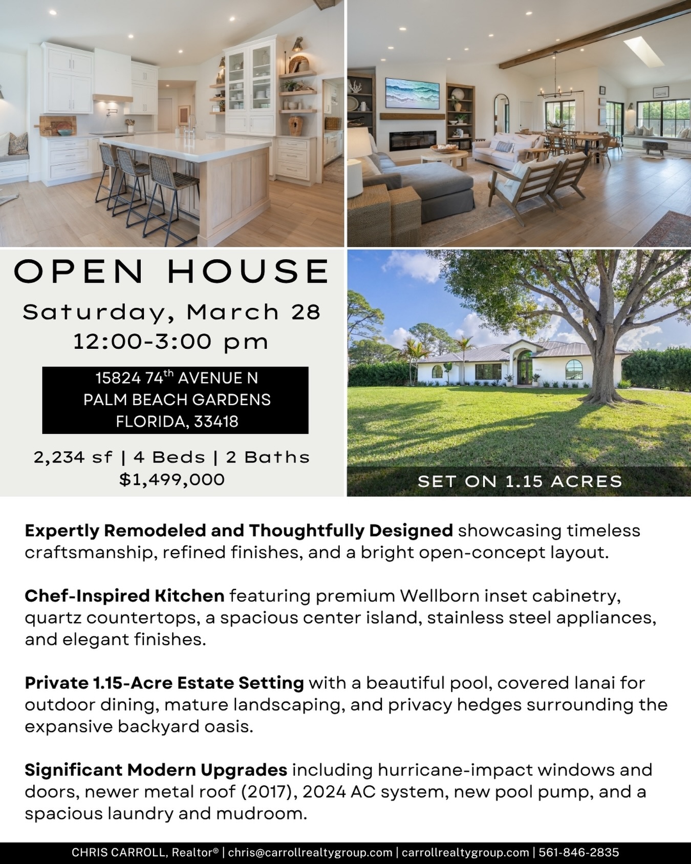 ✨ OPEN HOUSE THIS SATURDAY ✨
1.15 acres. No HOA. Palm Beach Gardens Luxury
Join us March 28 from 12–3 PM at 15824 74th Avenue N - a beautifully renovated 4-bedroom home set on 1.15 acres in Palm Beach Country Estates.
This turnkey home features vaulted wood beam ceilings, a designer kitchen with Wellborn cabinetry + quartz countertops, and a bright open layout made for modern Florida living.
Step outside to your private backyard oasis - resurfaced pool, covered lanai, and plenty of space for entertaining, relaxing, or even storing your boat or RV.
📍 No HOA | Acreage | Prime Palm Beach Gardens location
Minutes to beaches, golf, and everything South Florida living offers.
📅 Saturday 12–3 PM
📲 561-846-2835 | 🌐 carrollrealtygroup.com
🔗 Link in bio
#PalmBeachGardensHomes #LuxuryHomesFlorida #PalmBeachCountryEstates #FloridaLuxuryLiving #openhouseflorida