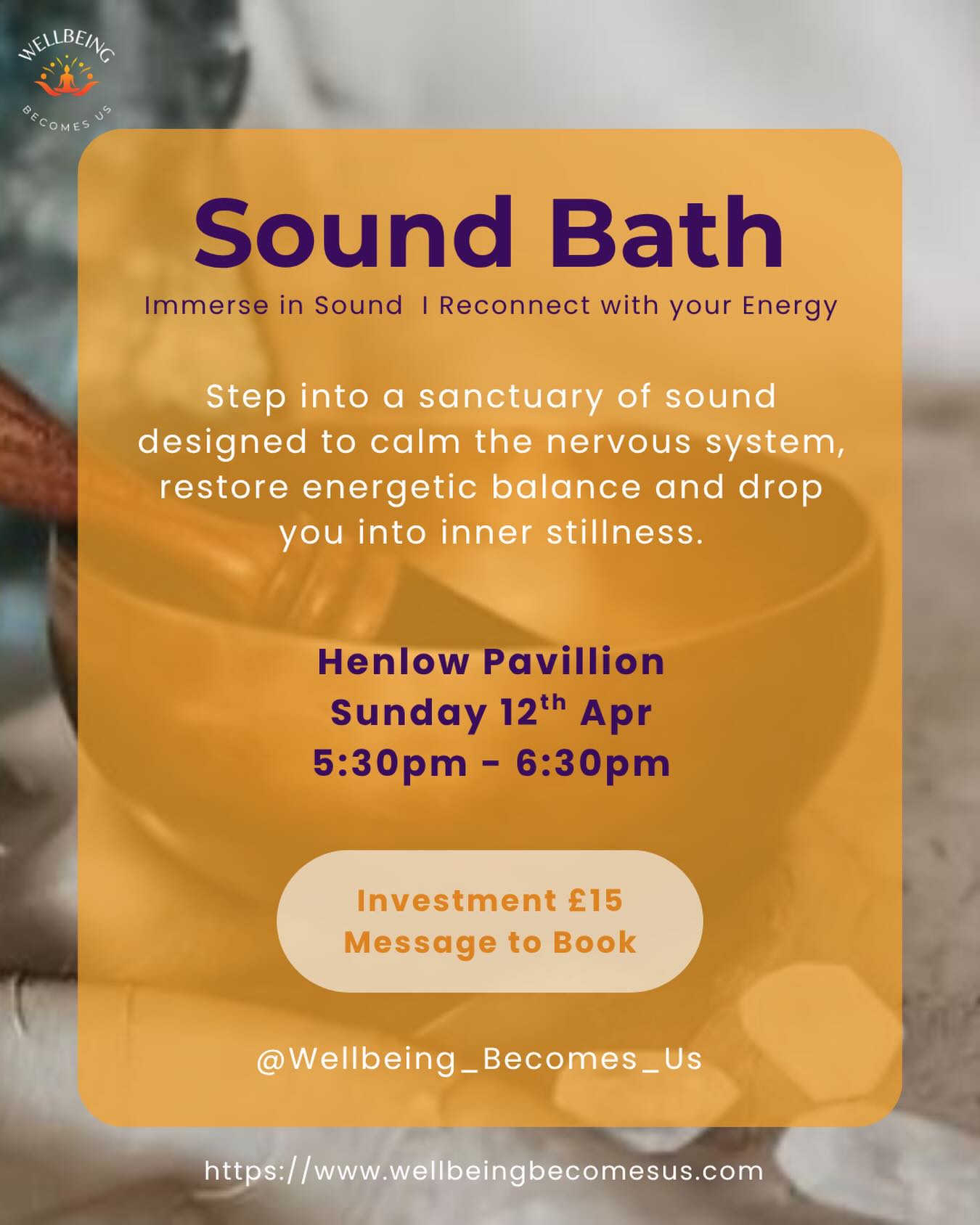 💜 Bookings are now open | Sound Bath Sunday 12th April
If you’ve been before, you’ll know what to expect…
A chance to lie down, switch off, and let your whole system soften.
If you haven’t, we use therapeutic Tibetan bowls to gently support your nervous system — creating space for the body to unwind, settle, and find its own way back to a more grounded place.
No experience needed, just come as you are.
📍 Henlow Pavilion (upstairs room)
🕠 5:30–6:30pm
💷 £15
Mats are provided — bring anything to keep you cosy.
Spaces are limited and tend to fill.
Message me to book 💜