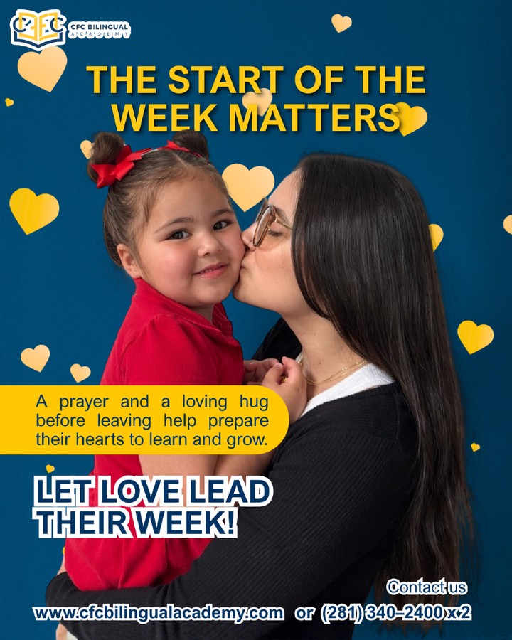 How we start the week sets the tone for everything else. ☀️💛
A simple prayer and a warm hug are the best fuel for your child’s heart. At CFC Bilingual Academy, we continue that cycle of love, ensuring they feel safe, cherished, and ready to learn from the moment they walk through our doors.
Let’s make this week amazing, guided by love and faith! ✨🙏
Registration is open! Call us to learn more about our bilingual and Christian programs.
📞 (281) 340-2400 x 2 / Whatsapp: +1 (281) 541-0131
🌐 www.cfcbilingualacademy.com
#MondayMotivation #StartWithLove #ChristianParenting #BilingualEducation #SugarLandMoms #CFCBilingualAcademy #FaithAndFamily #HeartCenteredLearning