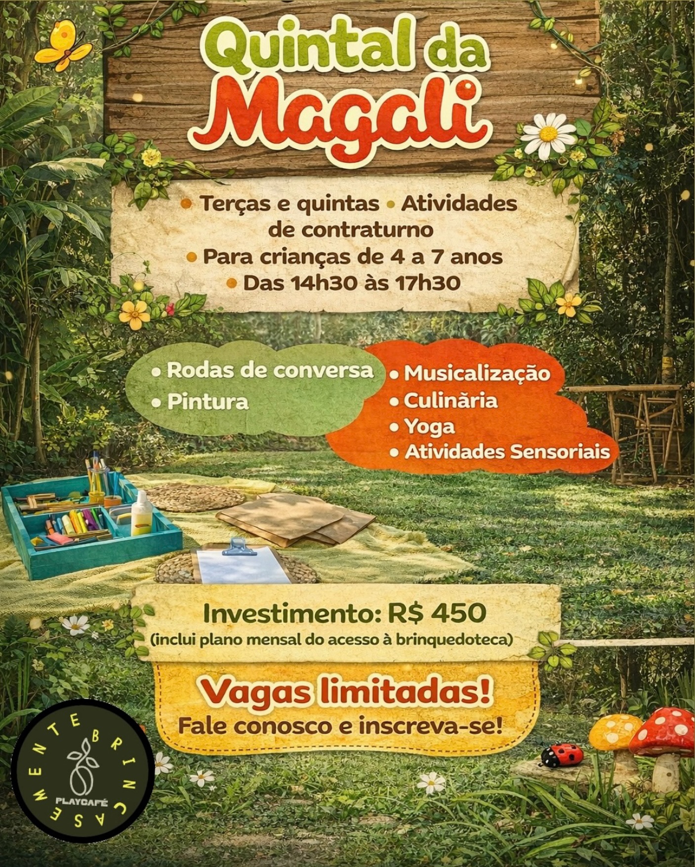 Sente falta do seu filho ter uma rotina de atividades a tarde após o período da escola ?
No nosso PlayCafé, a Mica educadora, preparou um plano de atividades que vai despertar a criatividade e desenvolver novas habilidades nas crianças de 4 a 7 anos, no horário de contraturno escolar!
Imaginem só: rodas de conversa para expandir o universo infantil, pinceladas de cor em telas cheias de imaginação, momentos de paz com yoga, a magia dos sons na musicalização e a precisão divertida do origami...
As vagas são limitadas, pois queremos garantir um cuidado especial e uma experiência única para cada criança. 💛
Terças e Quintas Das 14h30 às 17h30
(Atividades no horário de contraturno escolar)
Entre em contato e faça a inscrição ou nos visite no Playcafé, estaremos te esperando 😊
Venha fazer parte dessa jornada criativa!
#bahia #contraturno #atividadeinfantil #quintaldebrincar playcaf