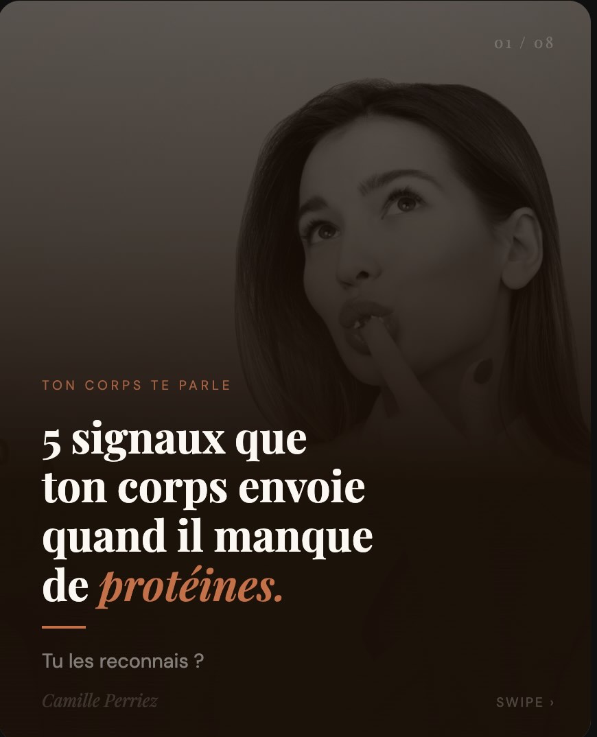 Ton corps te parle tout le temps. Est-ce que tu l’écoutes ?
Tu as faim une heure après avoir mangé.
Tu craques sur le sucre le soir.
Tu te sens fatiguée même après une bonne nuit.
Tes cheveux tombent.
Tu n’arrives pas à te concentrer.
Ce ne sont pas des coïncidences.
Ce sont 5 signaux que ton corps envoie quand il manque de protéines.
Swipe pour découvrir ce qui se passe vraiment dans ton corps et ce que tu fais différemment dès demain.
Sauvegarde ce carrousel. Et dis-moi en commentaire lequel tu reconnais.
👇 Tu manges suffisamment de protéines ?
#protéines #nutritionintuitive #camilleperriez #fatigue #craquages bienetre santé digestion