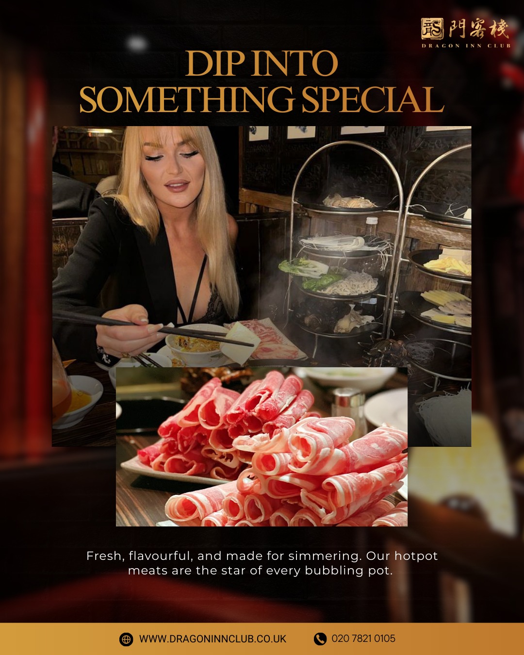 Grab your favourite chopsticks and dive into our premium hotpot meats. From thinly sliced beef to fresh seafood, every ingredient is top quality. Simmer, dip, and savour bold flavours. Try our hotpot today.
#Dragoninclub #Sichuan #Sichuanhotpot #dimsum #london #pimilco #londonvictoria #buckinghampalace #chelsea #theatres