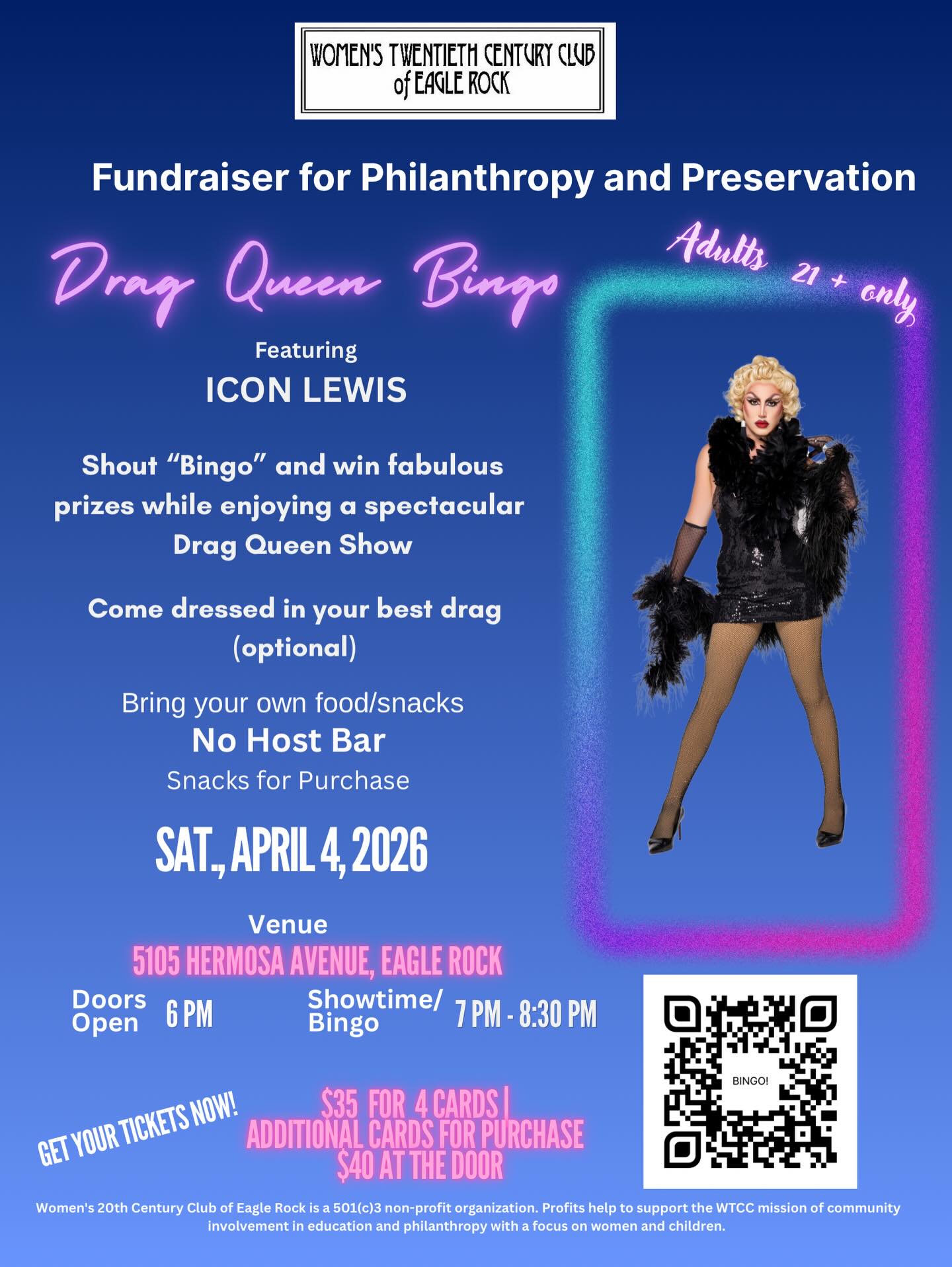 I’m very proud of the work we’re doing at the Women’s Twentieth Century Club of Eagle Rock (@womensclubeaglerock) this spring. I hope you’ll join us for one or more of these beautiful events!
4/4 @ 6pm - Drag Bingo featuring Icon Lewis!
4/12 @ 12pm - Flourish! A 🆓 Women’s Health Fair
4/17 @ 5pm - Wine Tasting (at Highland Park Wines)
5/3 @ 6pm - a 🆓 screening of “The M Factor, Shredding the Silence on Menopause” with Q&A hosted by Dr. Elise Pomerance and Nicole Fox, MPH, RD
5/16 - The Secret Garden Tour of Eagle Rock
5/30 @ 1pm - our annual Founders’ Tea and Art Show
Visit womenscluber.org for more info or ask me any questions!