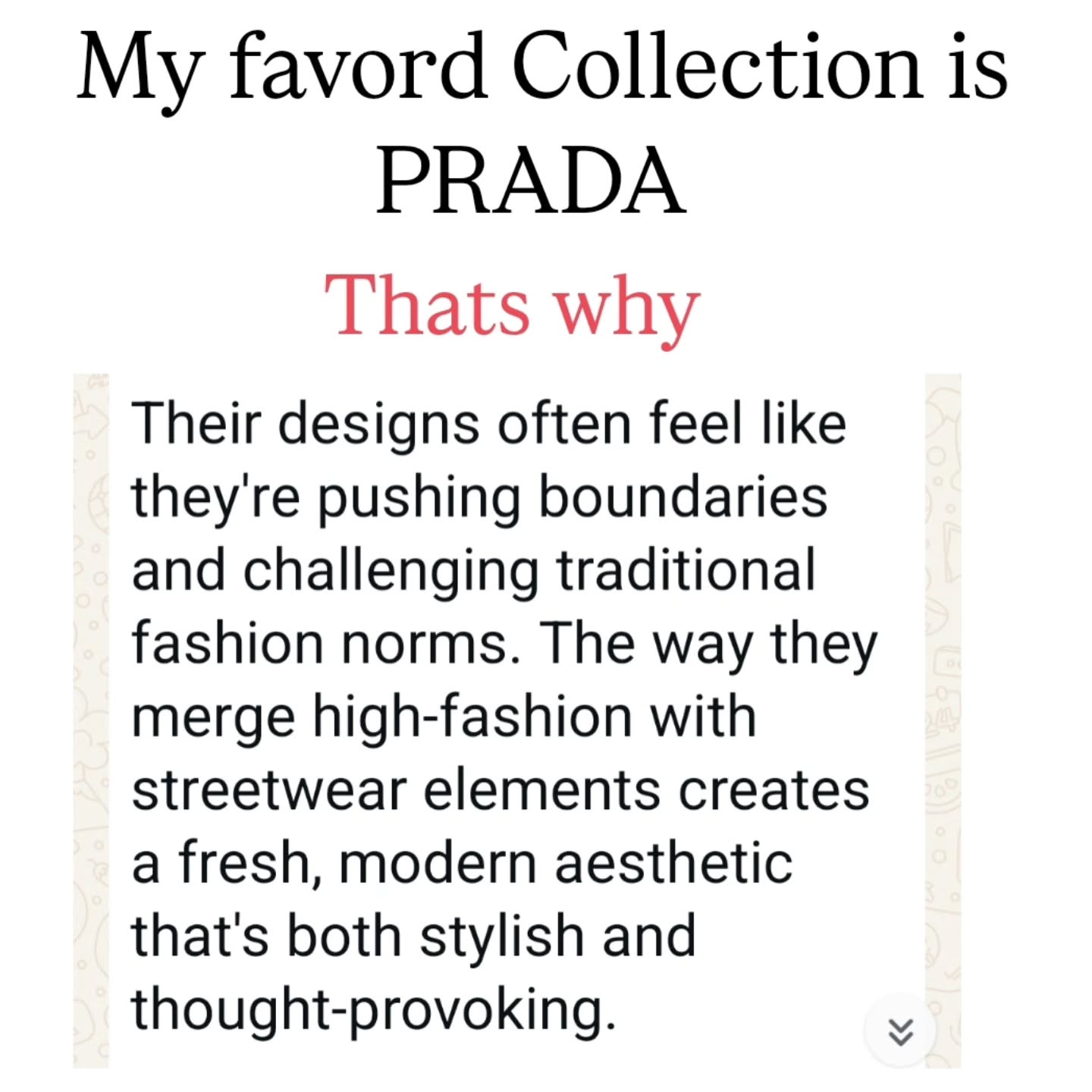 Sharing my Fashion Thoughts
Today about PRADA *
Great Work which I do admire a lot. They are on the point.
Almost 40 years in the business I see what they are creating. It s very good work!
@florence.e.bachofenszekely
#prada #fashiondesigner #fashionthoughts #fashionexspert #bflothoughts