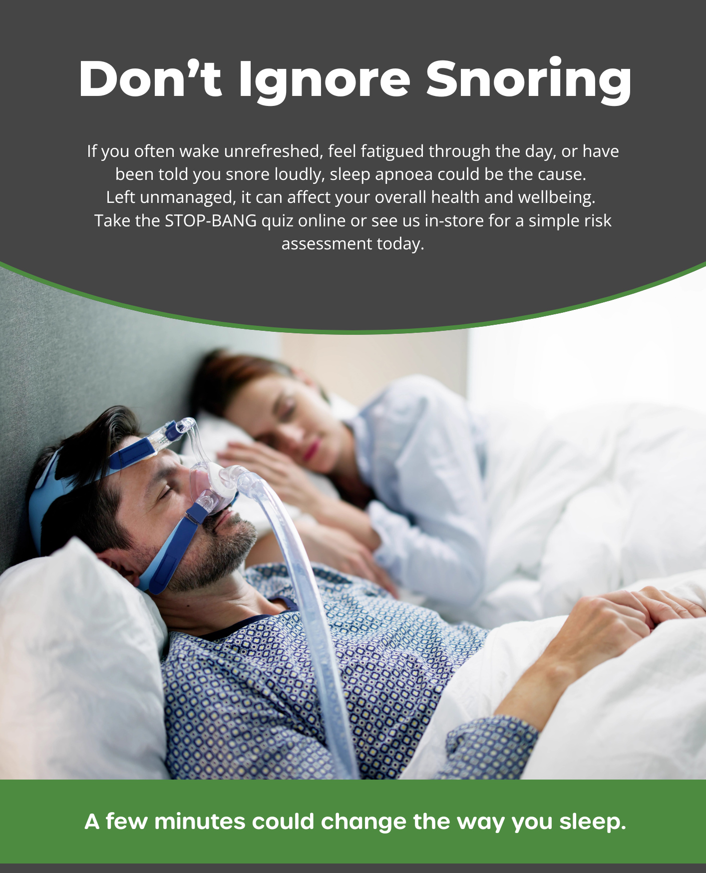 Sleep plays a huge role in overall health.
If snoring, daytime tiredness or poor sleep quality are becoming part of your routine, it may be worth checking your sleep apnoea risk.
Our STOPBANG online quiz is a simple starting point.
Complete the questionnaire and our pharmacy team can help guide you through potential next steps.
Because better sleep supports better health.
#sleepapnoea #sleephealth #snoring #sleepwell #communitypharmacy