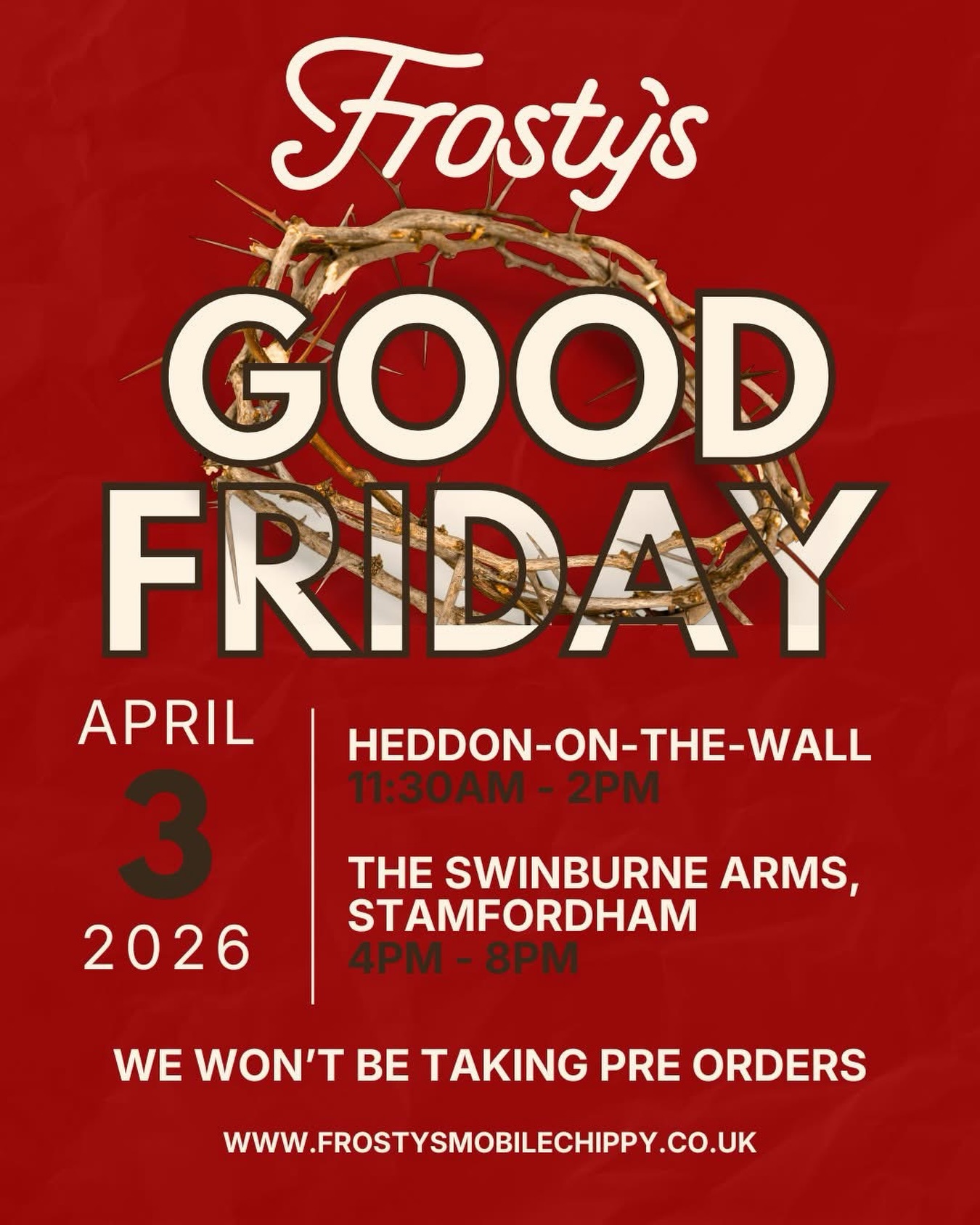 GOOD FRIDAY 🐟🍟
• Heddon-on-the-wall 11:30 until 2pm (NE15 0DT)
• Swinburne Arms - Stamfordham 4pm - 8pm (NE18 0LA)
No Pre Orders today- it’s simply too busy ‼️
We strongly recommend coming early to avoid missing out ⚠️
Limited menu in place - Regular Size Haddock Only - No Fish Bites or Pineapple Fritters will be available 📋
It will be very busy today, so please be patient and kind! We will be working our very hardest to keep the queue’s moving ❤️