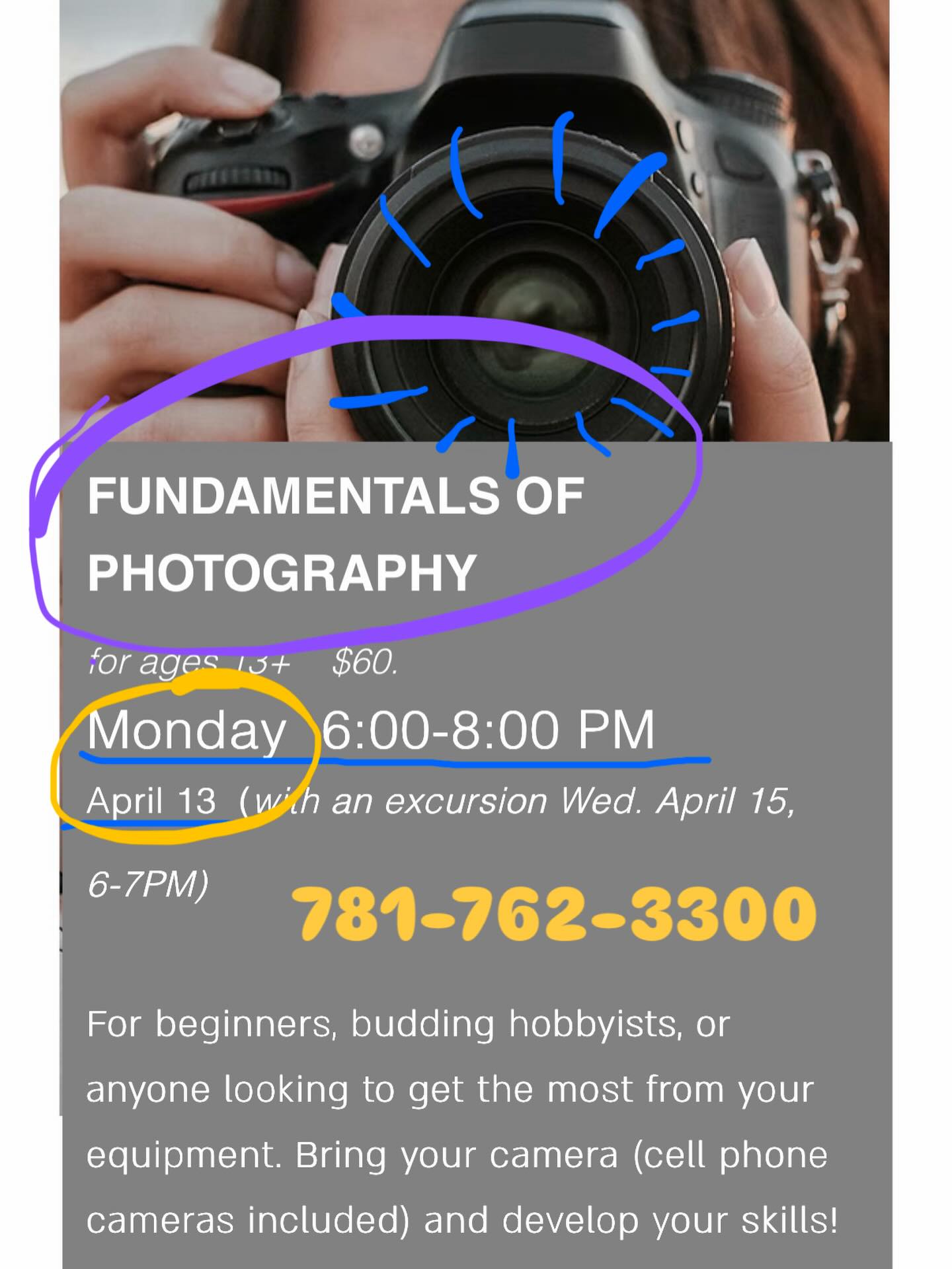 Our next session of Fundamentals of Photography is right around the corner! Call us to save your seat.