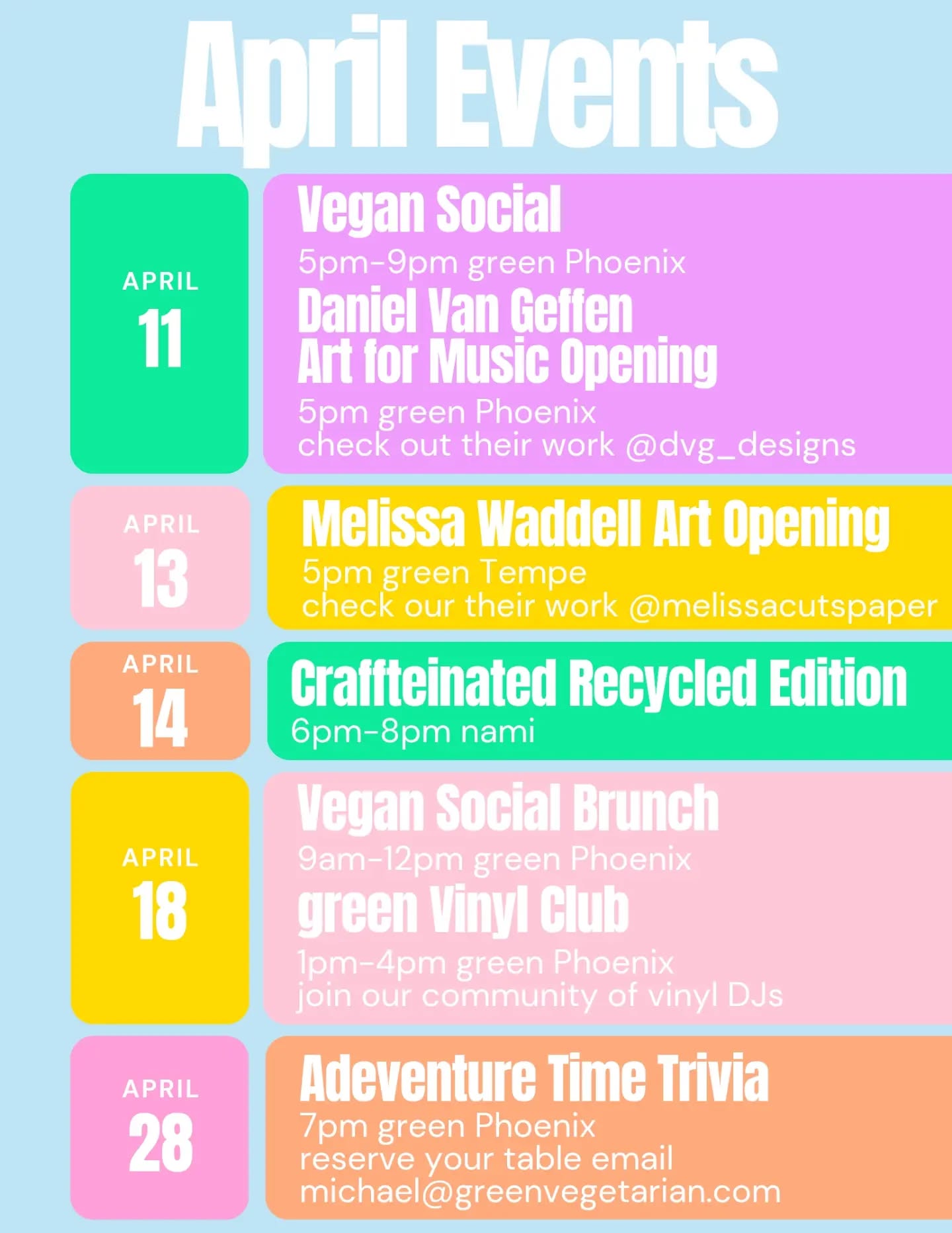 APRIL PLANS = SOLVED 🌿🎉
If your calendar was looking a little… empty 👀
we fixed that.
Here’s what’s going down at green + nami this month:
🎉 4/11
Vegan Social + Art for Music Opening
(come mingle, pretend you’re artsy… or actually be artsy)
🎨 4/13
Melissa Waddell Art Opening
(Come support our Craffteinated Queen!)
♻️ 4/14
Craftfeinated: Recycled Edition
(crafts + caffeine = unstoppable)
🥞🎶 4/18
Vegan Social Brunch + Vinyl Club
(brunch, beats, and immaculate vibes)
🧠✨ 4/28
Adventure Time Trivia
(if you know, you know. if you don’t… study up.)
Same places you love. Same community.
Just more reasons to hang out 💚
Tag your event buddy 👇
#PhoenixVegan #TempeEvents #VeganCommunity #ThingsToDoPhoenix #SupportLocal