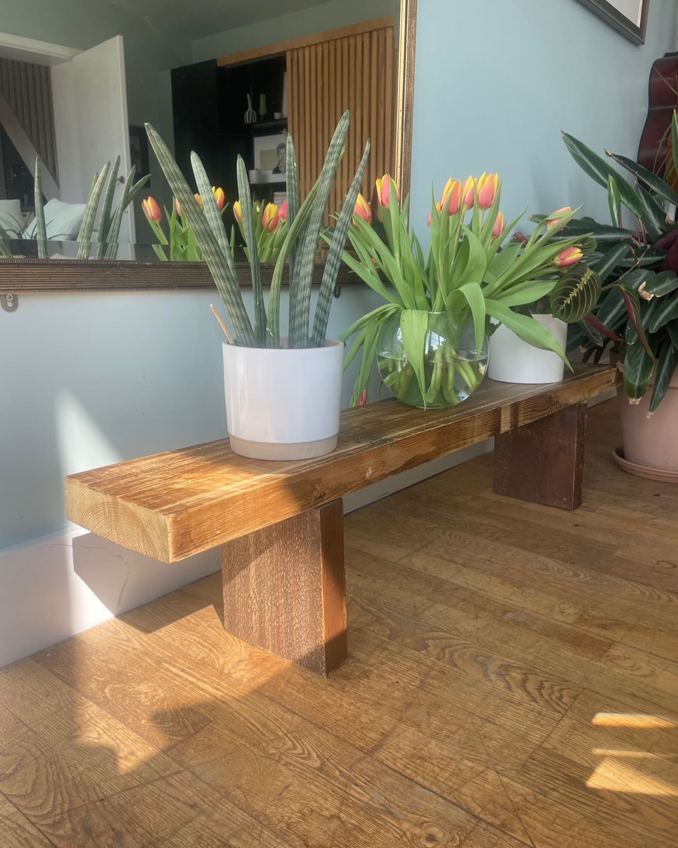 Love a bit of recycling. This was a dark stained shelf that I cut, sanded and doweled together in the sunshine this morning