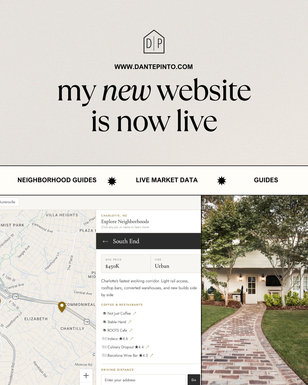 I built something for Charlotte. 🏡 🖥️
Not a Zillow profile. Not a link in bio that goes nowhere. An actual resource built from scratch for anyone thinking about buying, selling, or just figuring out where they want to live in this city.
Here's what's inside:
An interactive neighborhood map covering Plaza Midwood, NoDa, Dilworth, South End, Myers Park, Elizabeth, and more with average home prices, local coffee shops, restaurants, and a driving distance calculator from wherever you are.
Live Charlotte market data median sale price, days on market, and inventory trends updated monthly so you're never working off stale numbers.
A free home estimate report you can request directly. Not an algorithm. An actual CMA pulled from recent closed sales near you.
And real neighborhood guides written by someone who actually lives here.
It's all at www.dantepinto.com. Link in bio.
If you know someone thinking about a move in Charlotte — send it their way. That's genuinely the best thing you can do with this post.
@dantepintorealtor | @dash.carolina | dantepinto.com | dashcarolina.com
#CharlotteRealEstate #CharlotteRealtor #Charlottenc