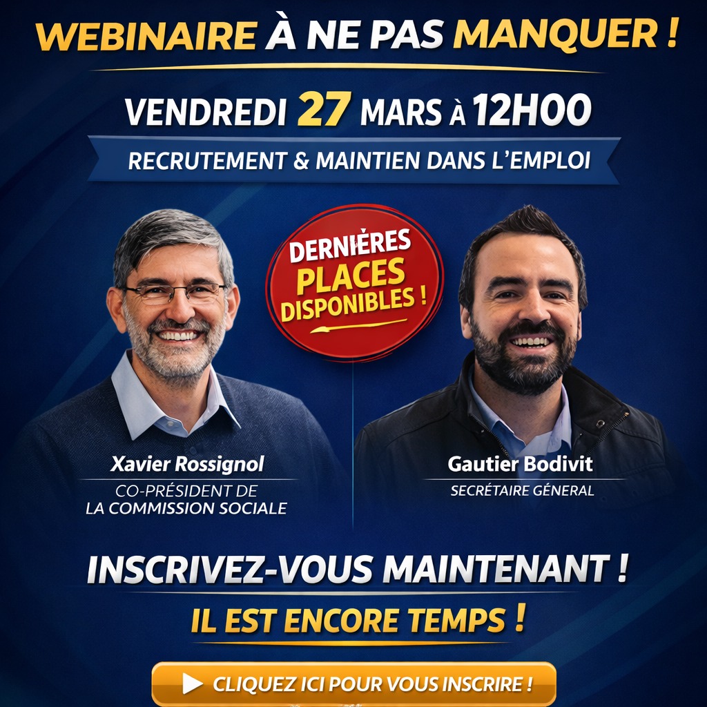 🔔 A ne pas manquer : nouveau webinaire PROSANE !
Suite au succès de notre premier webinaire, nous vous donnons rendez-vous pour une nouvelle session dédiée aux enjeux clés des ressources humaines.
📅 Vendredi 27 mars à 12h00
🎯 Thème : « Recrutement et maintien dans l’emploi »
Dans un environnement en constante évolution, ce webinaire sera l’occasion d’aborder :
✔️ Les enjeux liés à la transparence des rémunérations
✔️ Les différents types d’entretiens et leurs spécificités
✔️ Les leviers et indicateurs pour optimiser vos recrutements
🎙 Un temps d’échange concret pour partager des bonnes pratiques entre professionnels.
Il sera animé par notre Co-Président de la Commission Sociale Xavier ROSSIGNOL et notre Secrétaire Général Gautier Bodivit
⏳ Le webinaire a lieu ce vendredi – il reste encore des places !
👉 Inscrivez-vous dès maintenant : https://lnkd.in/e2ejMxPT
#Webinaire #RH #Recrutement #MaintienDansLEmploi #Prosane