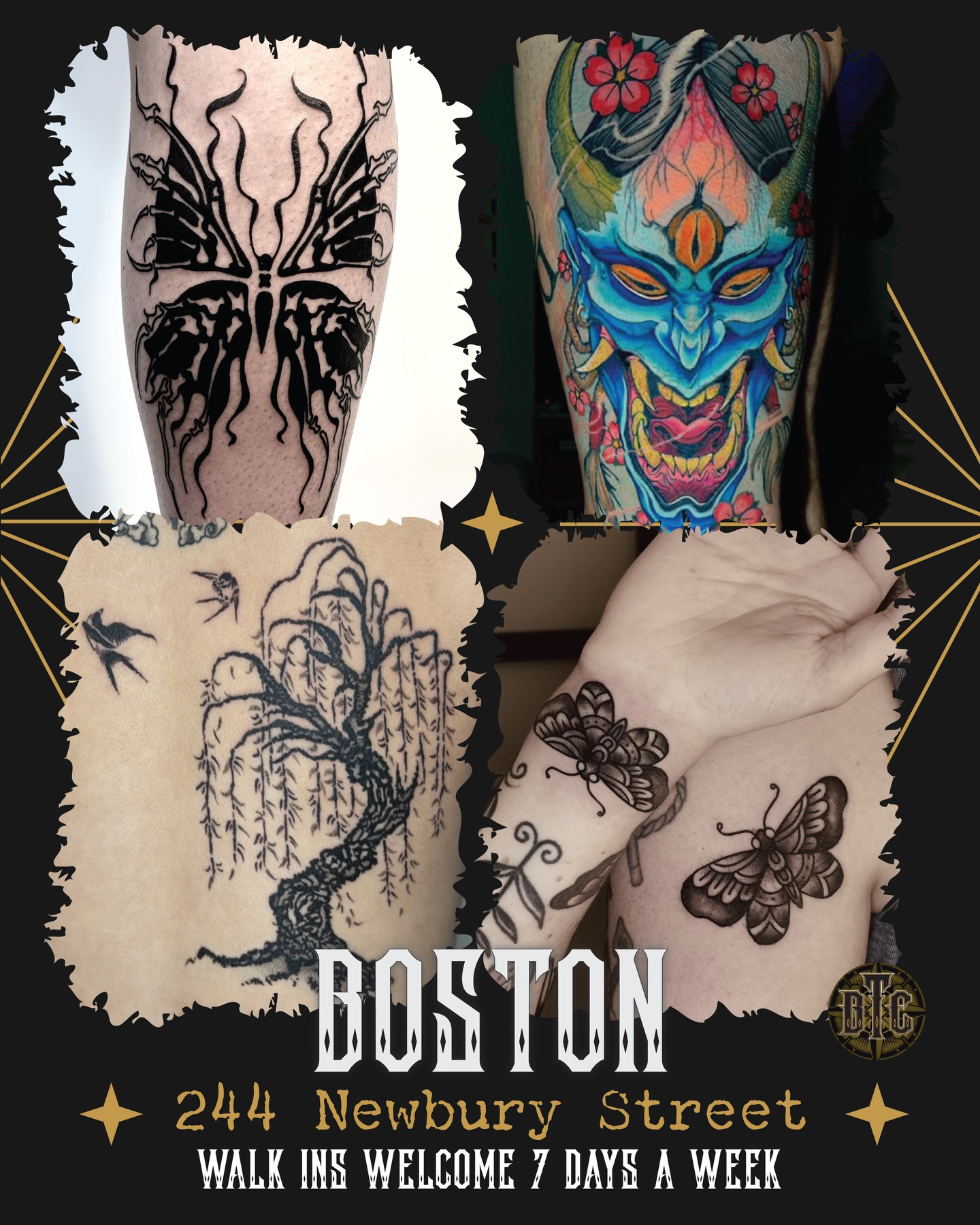 Fresh Tattoos from the resident artists at our Boston Tattoo Shops on Newbury Street 🔥
.
Featured in this post:
Gene @big_gene420
Marcello @marcellopassarelli
Lily @lily_jarnryd
Fredson @fredsontattoo
.
Fredson will be returning to BTC Boston as a resident artist soon! For any booking inquiries please visit www.bostontattoo.com to start your online consultation form ⚡️
.
We’re open 7 days a week on Newbury Street and take walk-ins 12-8pm Mondays-Saturdays and 12-5pm on Sundays. Stop by the shop to chat with an artist about starting that tattoo sleeve of your dreams ☁️
.
#bostontattoo #newburystreet #tattoosleeve #walkintattoo #blackworktattoo