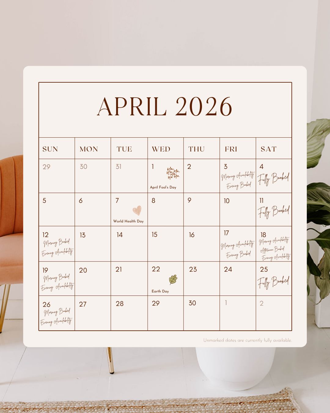 Updated weekend schedule for April!
The month is filling up quickly — several dates are already fully booked, with only a few time slots still remaining 🤍
If you’ve been thinking about booking, now is the time. Availability is limited and dates are going fast.
Head to the link in our bio to secure your spot before it’s gone 🌿