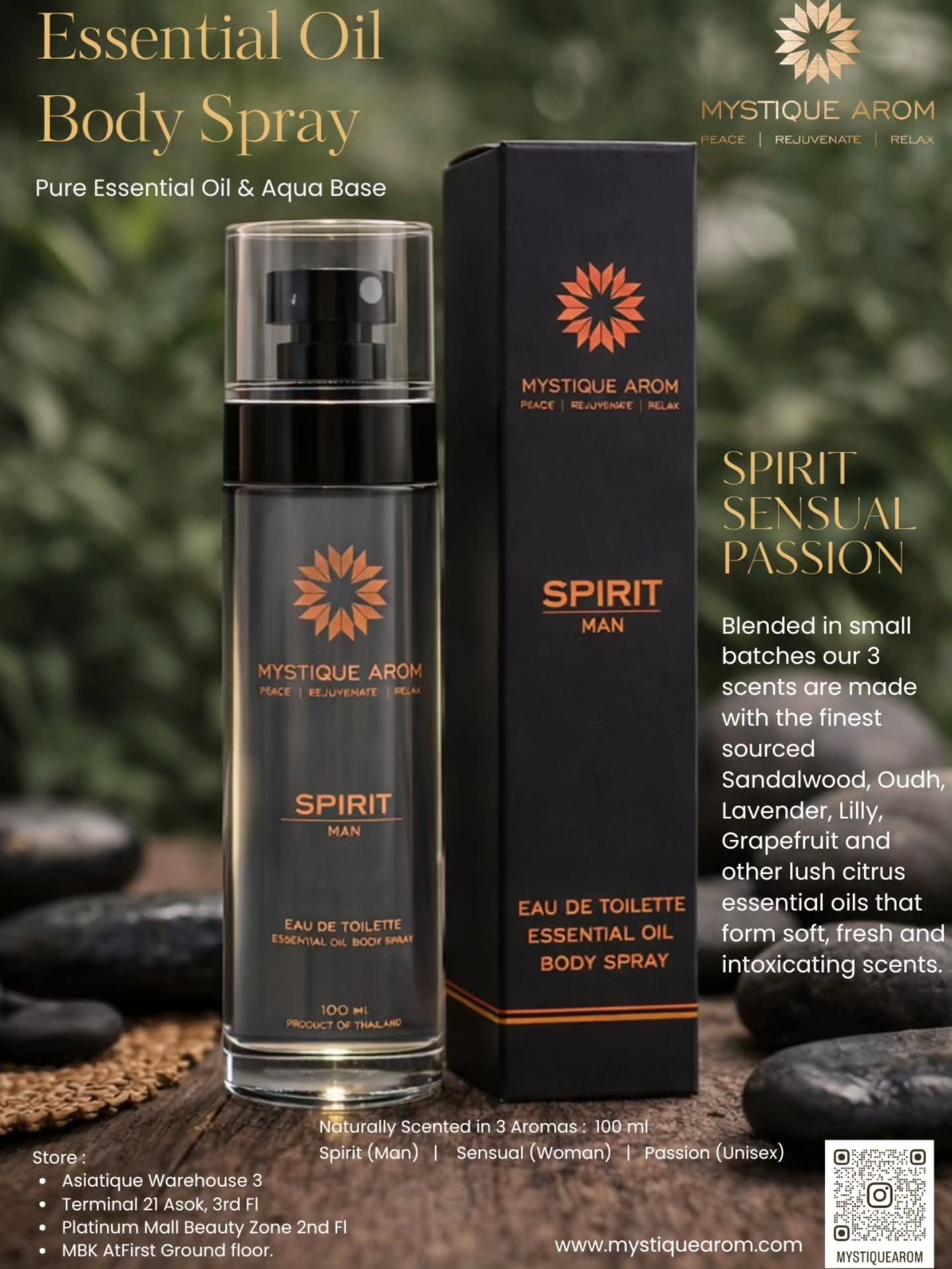 Aromas :
Spirit (Man): Scent evocative of newly sawn wood and earthy aromas of Sandalwood, Oudh, Pine and Cedarwood. Every bit as refreshing as a cool breeze blowing. Masculine Scent.
#mystiquearom #bodyspray #terminal21asok #platinumfashionmall #essentialoils
