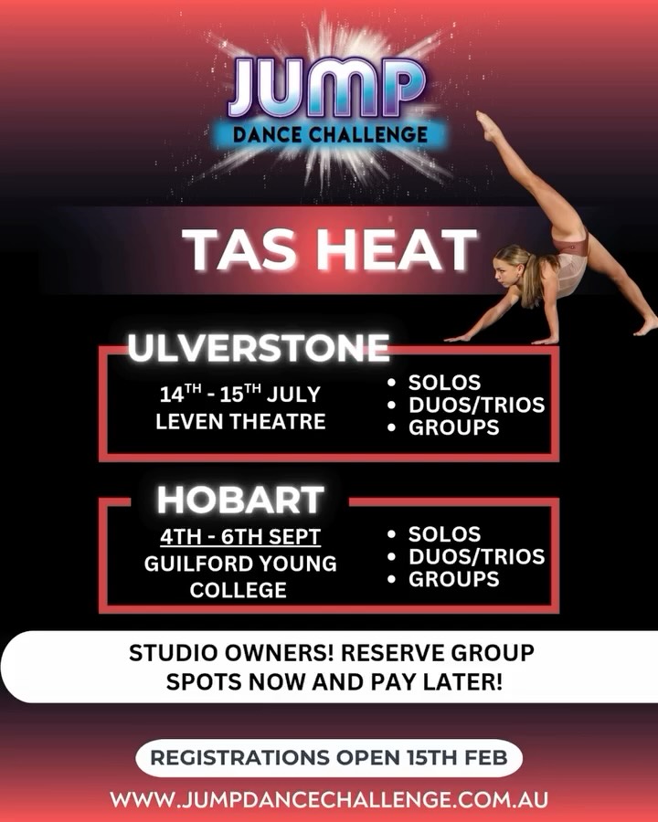 TAS HEATS 2026❤️
It’s time to dance!!
Our team is dedicated to delivering an experience like no other. Your dance family is important to you which means they’re important to us 💙
If you are looking for an event that believes in:
🟣 Competition that inspires
🟣 Community that supports
🟣 Friendships that grow
🟣 Memories that last
🟣 Growth that creates a future
THEN JUMP IS THE PLACE FOR YOU!
✨ Age blocking
✨ Industry professional judges
✨ Video critiques
✨ Free spectator entry
✨ Special Group awards
✨ Performance opportunities Awards
AND A WHOLE LOT OF GOOD TIMES 🥳🥳
This is more than a competition - it’s an experience built for your entire dance family.
We can’t wait to see you on the Jump stage 💃🏼🕺
Enter through our website. Link in Bio 🔗
