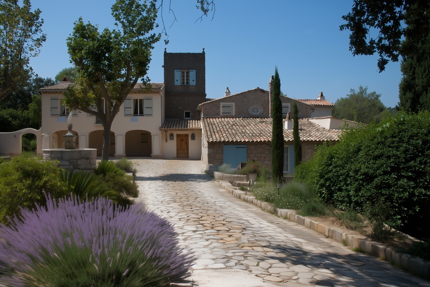 Set in Grimaud near Cogolin, this French villa captures the timeless charm of Provençal architecture. Natural stone, stucco walls, and terracotta tiles frame a traditional tower element at its heart.
Stone-paved courtyards with a central fountain, terraced gardens, and a generous pool area flow seamlessly into shaded patios with bamboo screens, creating an idyllic and authentic French country retreat.