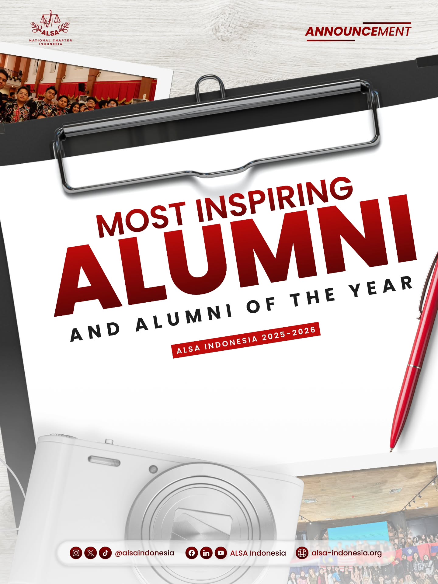 Warm greetings, ALSAians!
ALSA Indonesia is delighted to announce this year’s Most Inspiring Alumni and Alumni of the Year.
We extend our deepest appreciation to the Alumni of the Year for their outstanding contributions, as well as to our Most Inspiring Alumni. Their inspiring journeys stand as examples of excellence, encouraging both current and future ALSAians to strive for even greater success.
May your contributions, achievement, and dedication continue to inspire us all.
ALSA, Always be One!