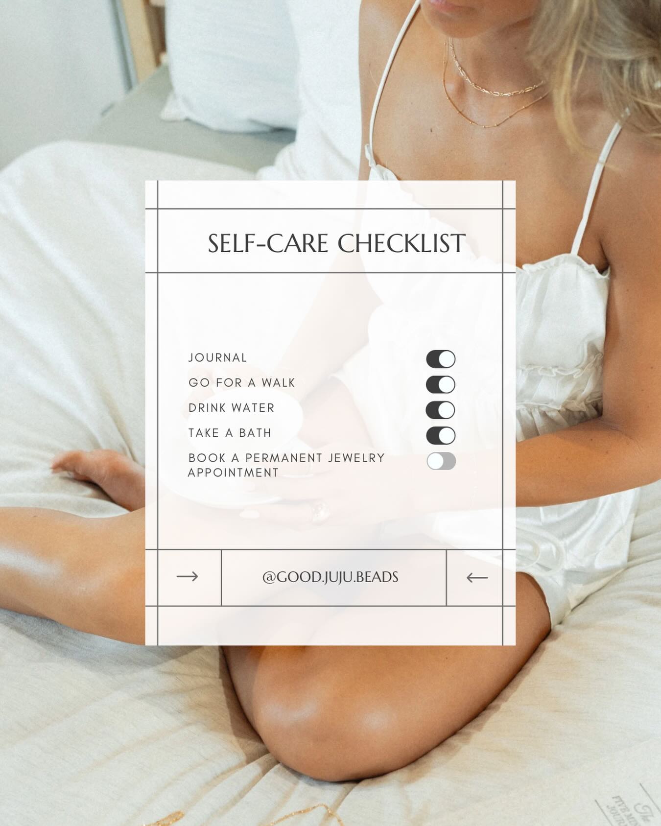 Self care check in!
☑️ Journal
☑️ Go for a little walk
☑️ Drink water
☑️ Take a bath
☑️ Book your permanent jewelry appointment
Treat yourself like the priority you are.