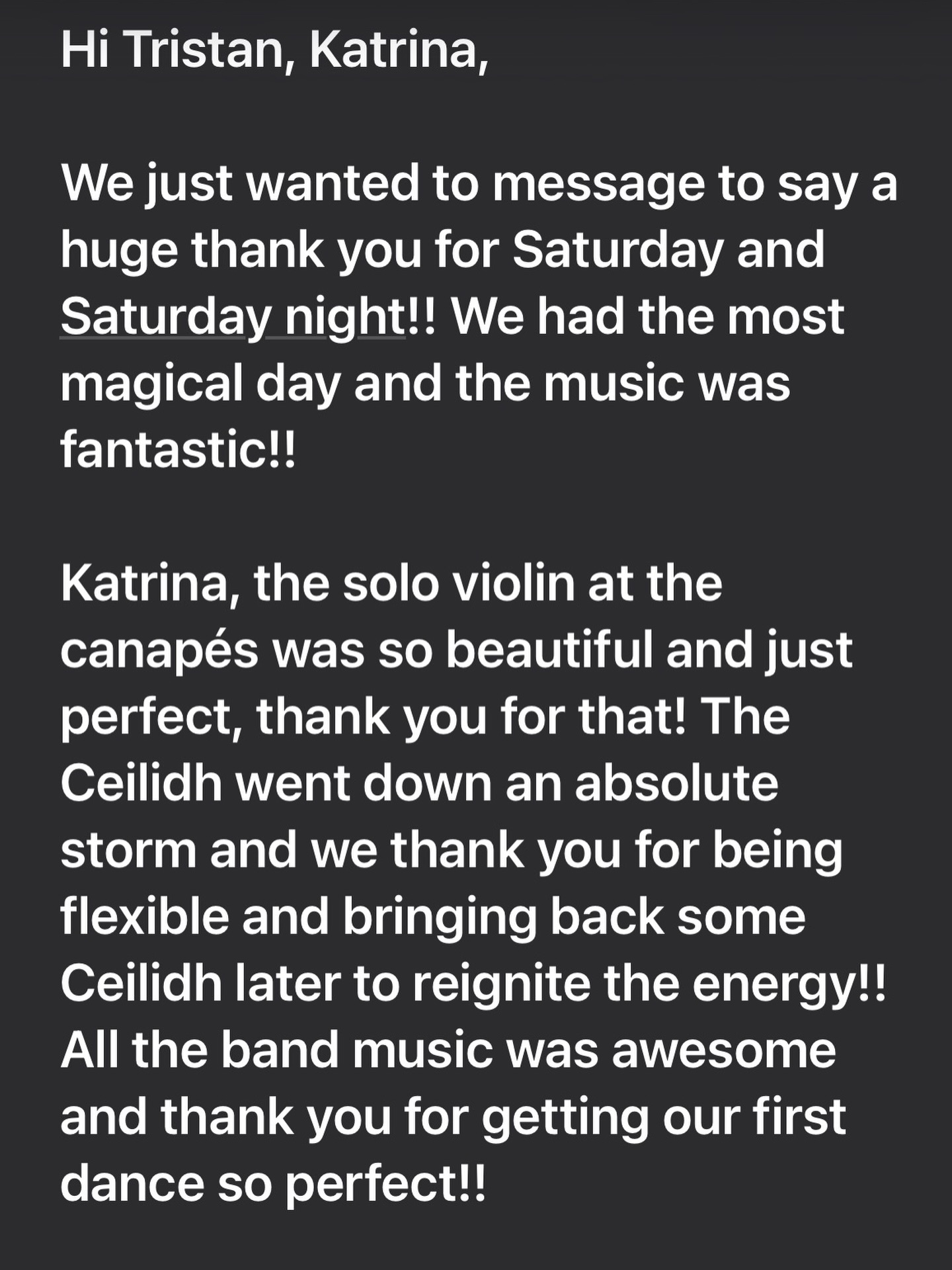 Testimonial! Thank you MJ and Peter ❤️. @matthewhowesmusic @korolevamoon @roger_quilter @paulmallyon #miraclecure_band #irishband #ceilidhband #weddingband
