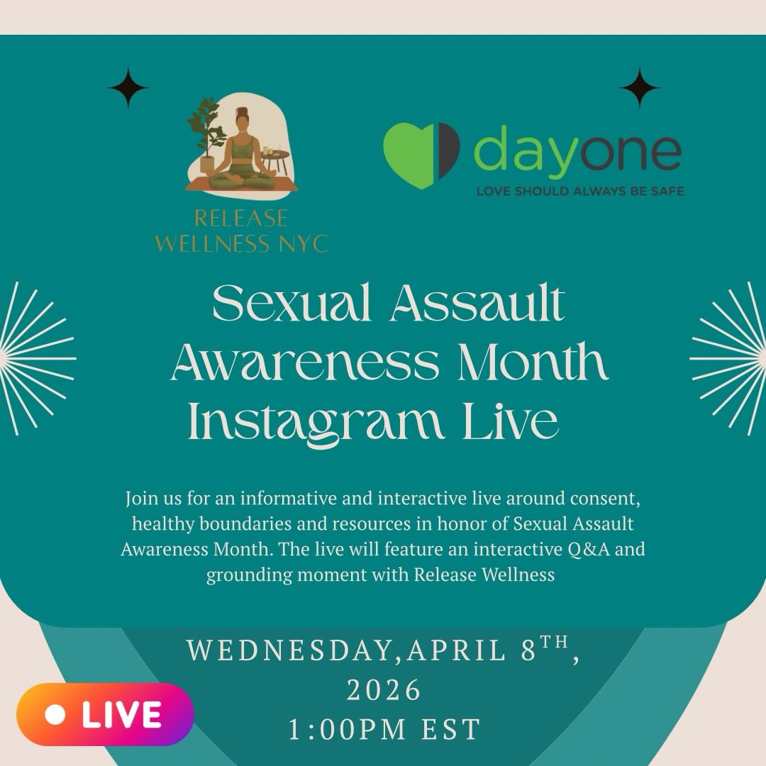 Join us on Wednesday, April 8th at 1:00PM EST for an informative and interactive Instagram live in collaboration with @dayoneny around consent, healthy boundaries and resources in honor of Sexual Assault Awareness Month. The live will feature an interactive Q&A portion and a grounding moment led by Release Wellness! 🩵