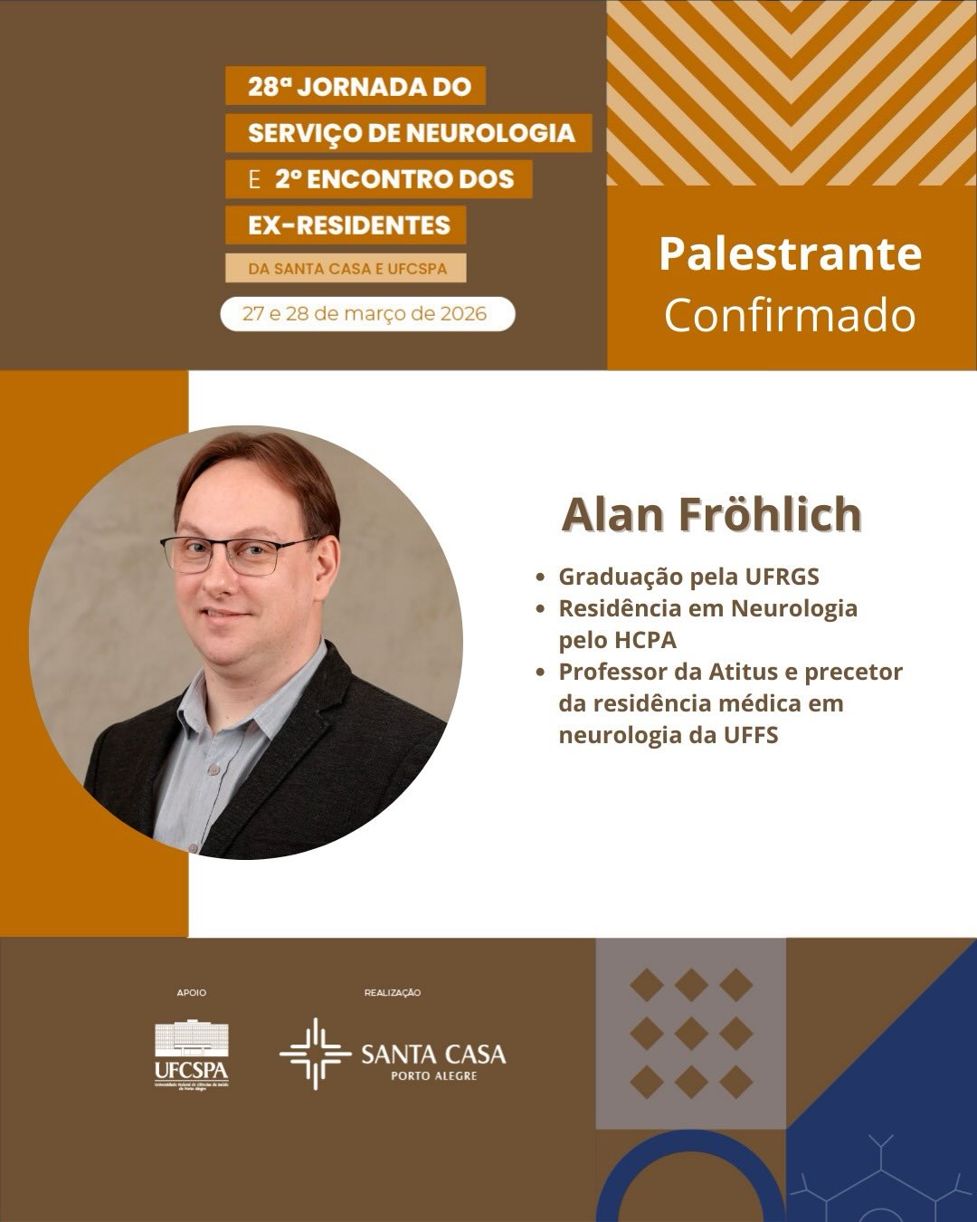 📍 Porto Alegre
Estarei presente na 28ª Jornada do Serviço de Neurologia da Santa Casa de Porto Alegre e UFCSPA, contribuindo ativamente com a programação científica de um dos principais encontros da neurologia no sul do Brasil.
🎤 Aula: Mecanismos fisiopatológicos com impacto na neuroprevenção
🧠 Mesa: Cefaleias e Enxaquecas
A migrânea deixou de ser apenas uma “dor de cabeça” — hoje entendemos seus mecanismos com muito mais precisão, o que tem transformado completamente as estratégias de prevenção e tratamento.
Participar dessa discussão ao lado de especialistas reforça meu compromisso com uma neurologia atualizada, baseada em evidências e focada em resultados reais para os pacientes.
🔎 Ciência aplicada à prática clínica.
🧠 Neurologia com profundidade.
#Cefaleia #Enxaqueca #Migraine #Neurologia #EspecialistaEmCefaleia