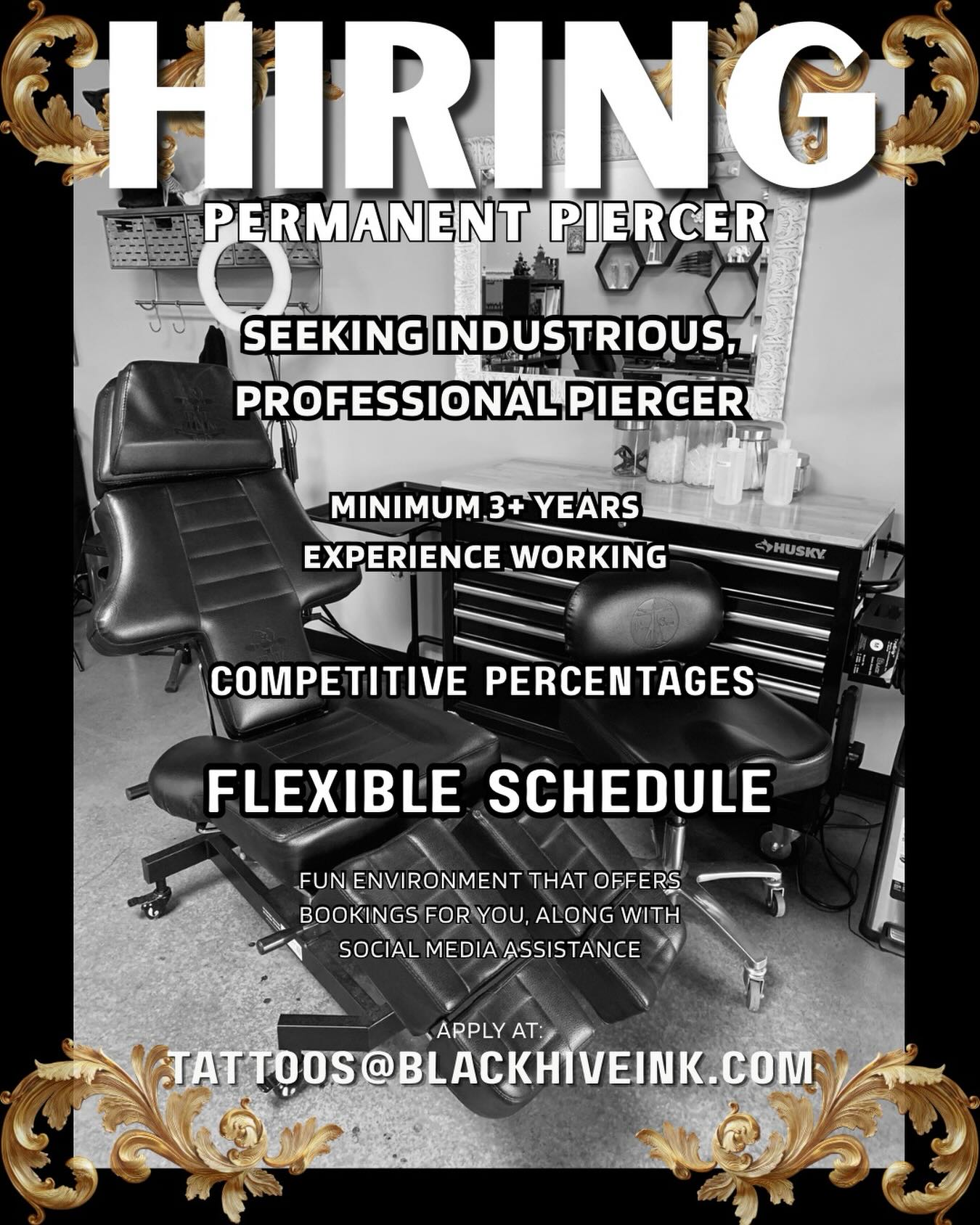 We are looking to add a permanent piercer to the crew
ā¢Minimum 3+ years experience working
ā¢Competitive percentages
ā¢Flexible schedule
ā¢Social media assistance
Email to apply: tattoos@blackhiveink.com
#fayettevillenc #piercing #ncpiercings #hiring #hiringnow