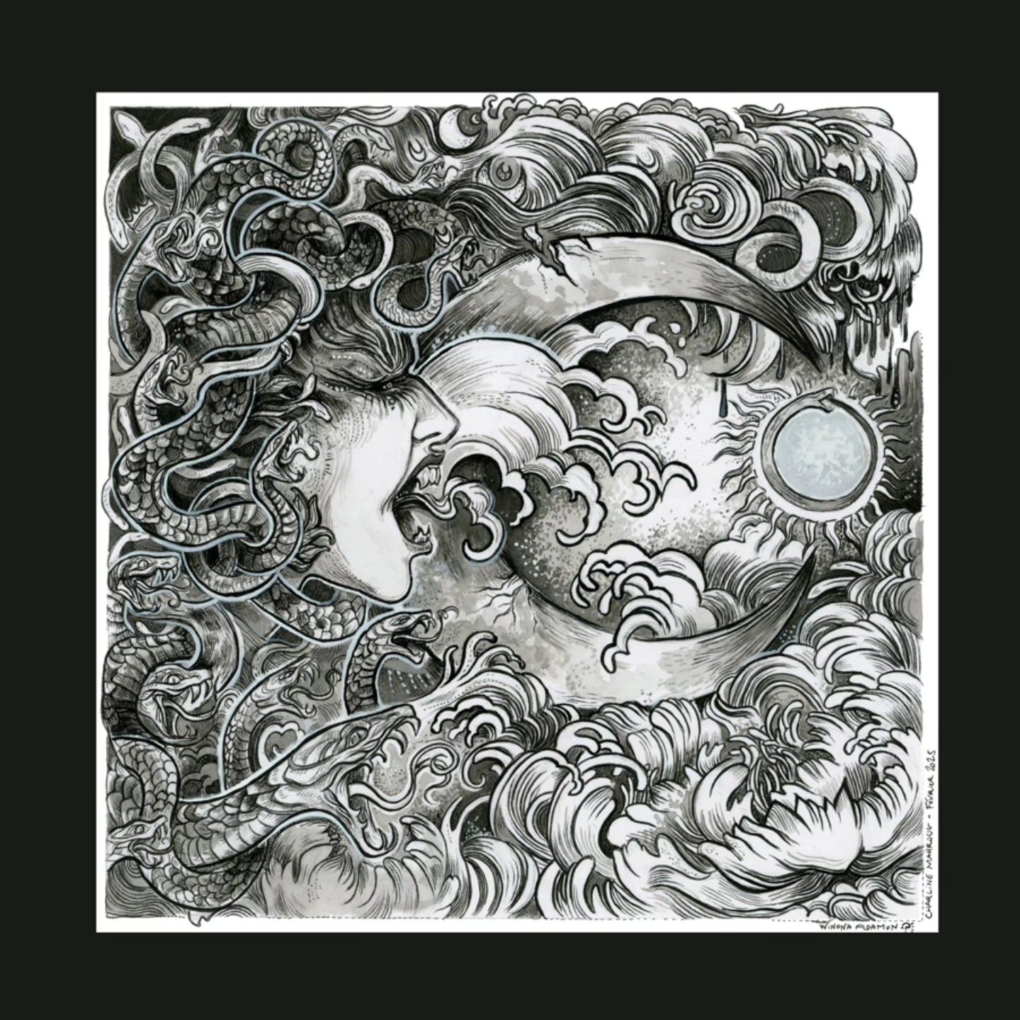 ~*✨️ Cry of the Snakes / Le Cri des Serpents ✨️ *~
-
🇫🇷 Pour l'année du Serpent, Medusa et les siens se dressent en un hurlement commun pour briser l'Ouroboros des cycles qui se répètent décidément un peu trop chez les humains oublieux.
Mais dites donc, ne serait-ce pas pour moi le premier dessin de 2025, plein de petits points et de petits traits à l'ancienne ? Oui !! Je reviens doucement mais sûrement 😉
-
🇬🇧 For the Year of the Snake, Medusa and her kind rise up in a common cry to break the Ouroboros of cycles that repeat themselves a little too often among forgetful humans.
Say, isn't this the first drawing of 2025 for me, full of little dots and dashes like the old days? Yes !! I'm coming back slowly but surely😉
-
21x21 cm with white borders/avec marges blanches
Medium/Support: pen, ink and gouache on paper / feutre, crayon et gouache sur papier
-
🌟 The auction "Year of the Snakes" of the @stardustartists collective is now open on Facebook !/L'enchère " L'année du Serpent" du collectif @stardustartists est en cours sur Facebook ! 🌟https://www.facebook.com/StarDustArtCollective (or in my linktree)
-
🏷️ #traditionalillustration #monochromatic #fantasy #gorgone #medusa #yearofthesnake #darkart #fantasyartist #spirit #witch #witchyvibes #illustration #contemporarydrawing #illustrationdrawing #art #artwork #frenchartist #artistefrançaise #womenartists #pendrawing #feutre #petitstraits