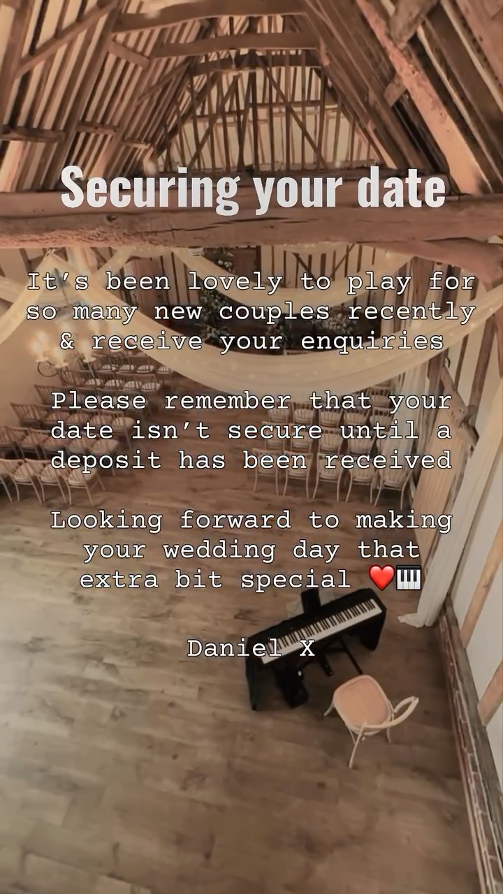 Securing your date…
It’s been lovely to play for so many new couples recently
& receive your enquiries
Please remember that your date isn’t secure until a deposit has been received
Looking forward to making your wedding day that
extra bit special ❤️🎹
Daniel X
www.daniellaw.co.uk (Link in Bio)
#suffolkweddingvenue #weddingpianist #2026wedding #2027wedding #weddingmusic