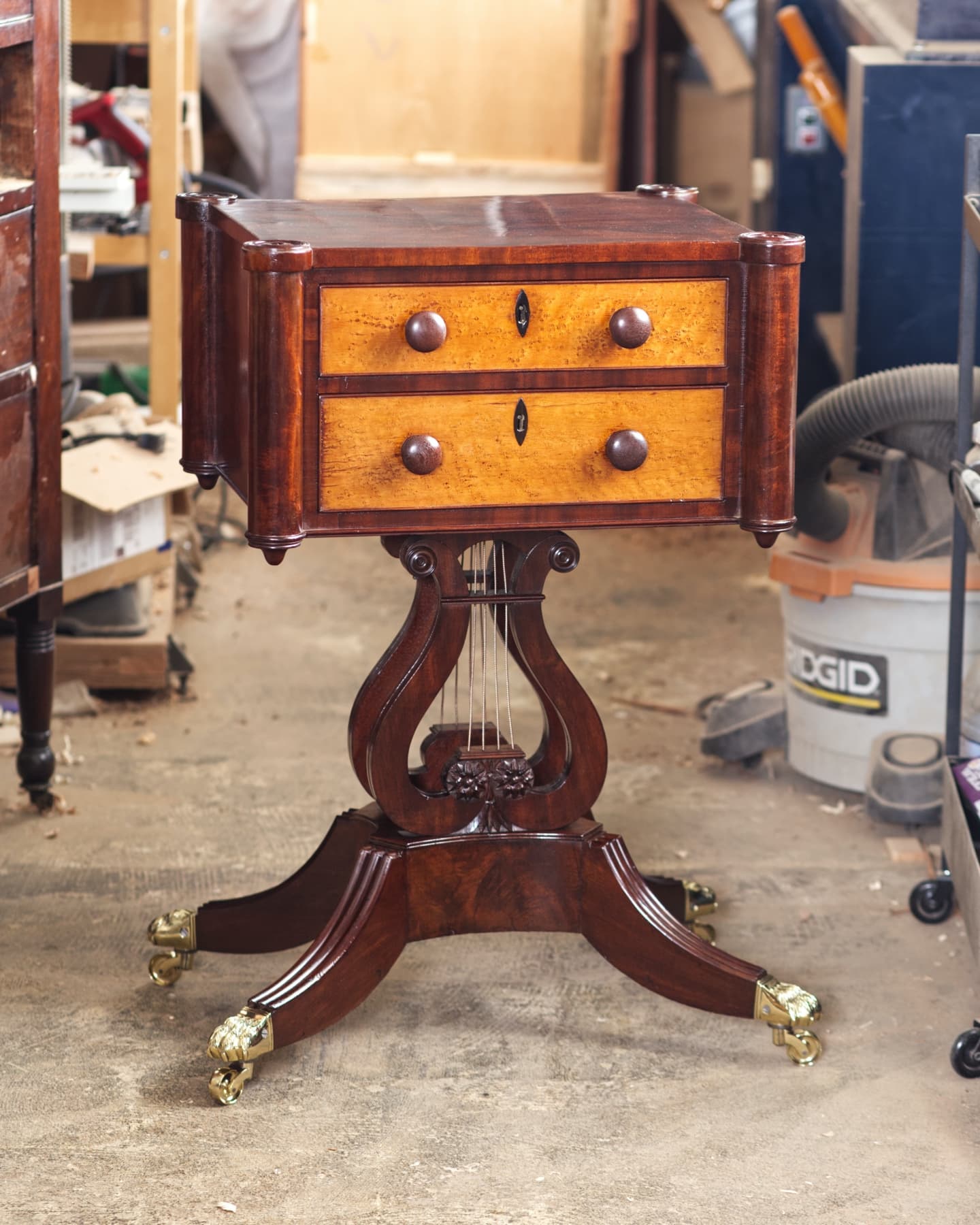 Very nice work table with lyre base. Most repairs (and new knobs) were undertaken by another restorer. I was just brought in to balance the color and give it a little French polish.
Those with excellent memories might recall a very similar table I worked on back in January 2020. Scroll way back, you'll see it.
#furniturerestoration #furniturerestorer #mahoganyworktable #lyrebase #shellac #shellacfinish #frenchpolish #frenchpolisher #restoredinbaltimore