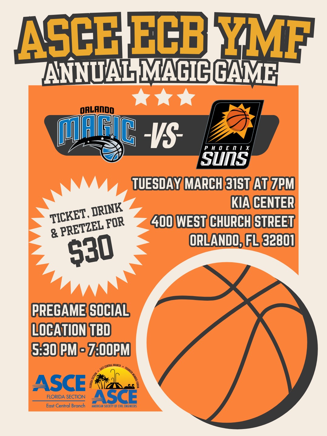Join @asce.ecb.ymf and ECB next week for an Orlando Magic Game! There are only a few game tickets remaining, so get yours while you can. Don't want to attend the game? There is also a social before the game sponsored by ECB! More details TBA.
Register here: https://lp.constantcontactpages.com/ev/reg/7zu423s
