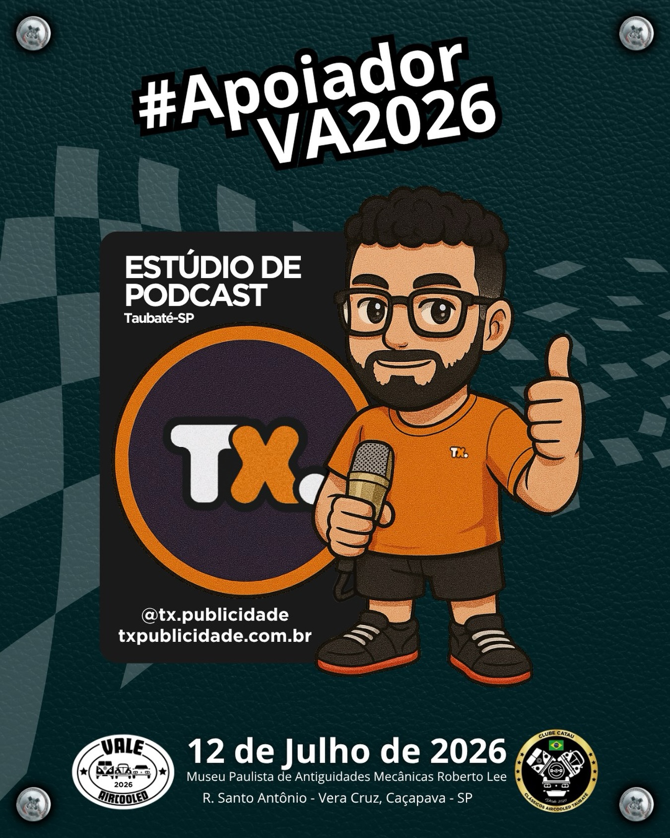 Orgulho em fazer parte de mais uma edição do Vale Aircooled! 🚗🔥
A TX Publicidade é patrocinadora do evento desde sua concepção em 2022 e também responsável por toda a identidade visual e comunicação nas redes sociais, garantindo que cada detalhe esteja alinhado e à altura do evento. 🎨📲
E se você também quer dar visibilidade ao seu projeto, conheça o nosso estúdio de podcast profissional em Taubaté 🎙️
Um espaço completo, acessível e pronto para você tirar do papel o seu podcast — seja pessoal ou para a sua empresa.
🚀 Comece hoje mesmo o seu projeto com qualidade profissional.