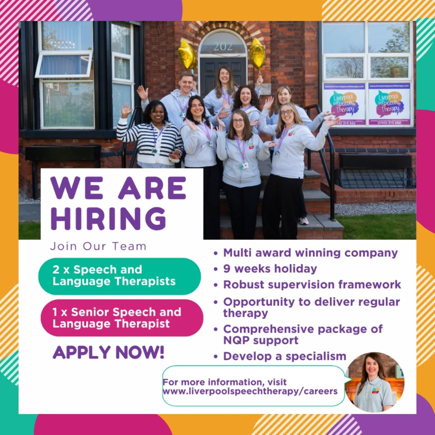 ‼️We are recruiting! ‼️
We're looking for passionate and enthusiastic Speech and Language Therapists to join our friendly and supportive team as we grow to meet the continued demand for our services.
3 roles are available:
⚠️2 x Speech and Language Therapists (suitable for NQP or those with 1-2 years experience)
⚠️1 x Senior Speech and Language Therapist (suitable for those with a minimum of 3 years experience)
Do you want to be part of a team where you'll deliver regular, evidence based therapy, and where your wellbeing really matters? We offer an excellent support programme for NQPs, the opportunity to develop a specialism for those taking on a senior role, 9 weeks holiday and a real focus on work-life balance ✨
🌐For more information, visit www.liverpoolspeechtherapy.com/careers to hear from some of our team and to find out what it's like to work at LST.
📞For an informal chat, please contact Sophie Humphries, Practice Manager on 07579 792 519.
✉️To apply, send your CV together with a covering letter to info@liverpoolspeechtherapy.com
❗Closing date is Friday 17th April ❗
💜Interviews to be held Friday 24th April💜
We look forward to hearing from you!
#liverpoolspeechtherapy #speechtherapyjobs #sltjobs #sltstudents #speechtherapyliverpool