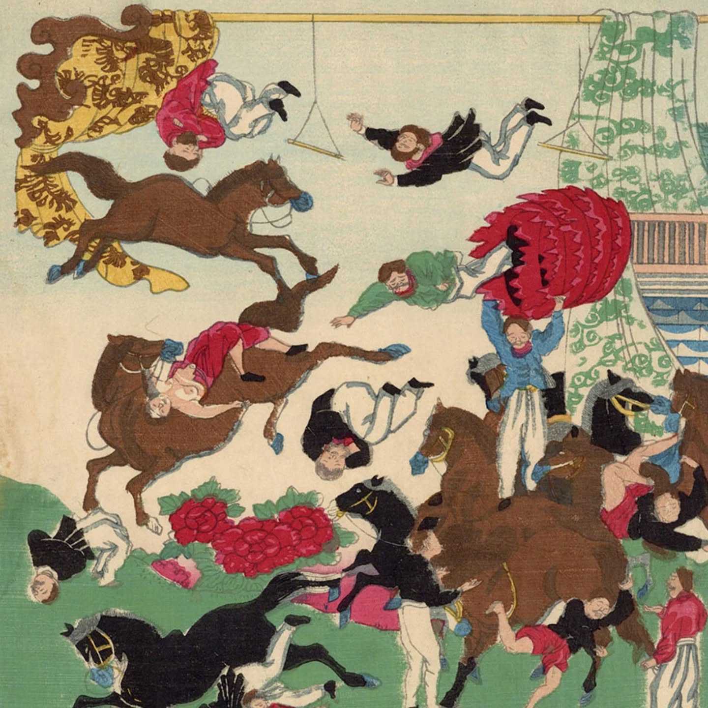 Chaos and colour - Kuniteru II captures the wonder of a French circus arriving in Meiji-era Tokyo.
Across this lively triptych, horses gallop in every direction while acrobats somersault through the air and tumble from ladders. Red peonies punctuate the green arena floor, colourful flags billow between the acts, and a great spoked wheel looms on the right panel.
Published in 1871, this print reflects the excitement of the Meiji period, when Japan was opening its doors to the world.
国輝二代
浅草観音に於て興行 仏蘭西曲馬
明治4年
Kuniteru II Utagawa (1830-1874)
”French Circus at Asakusa Kannon”
1871
詳細はnihonlux.comまで。
_______________
Nihonlux Ltd.
東京都渋谷区代々木5-67-1-202
email : info@nihonlux.com
#japaneseprint #kuniteru #nihonlux #浮世絵 #版画
