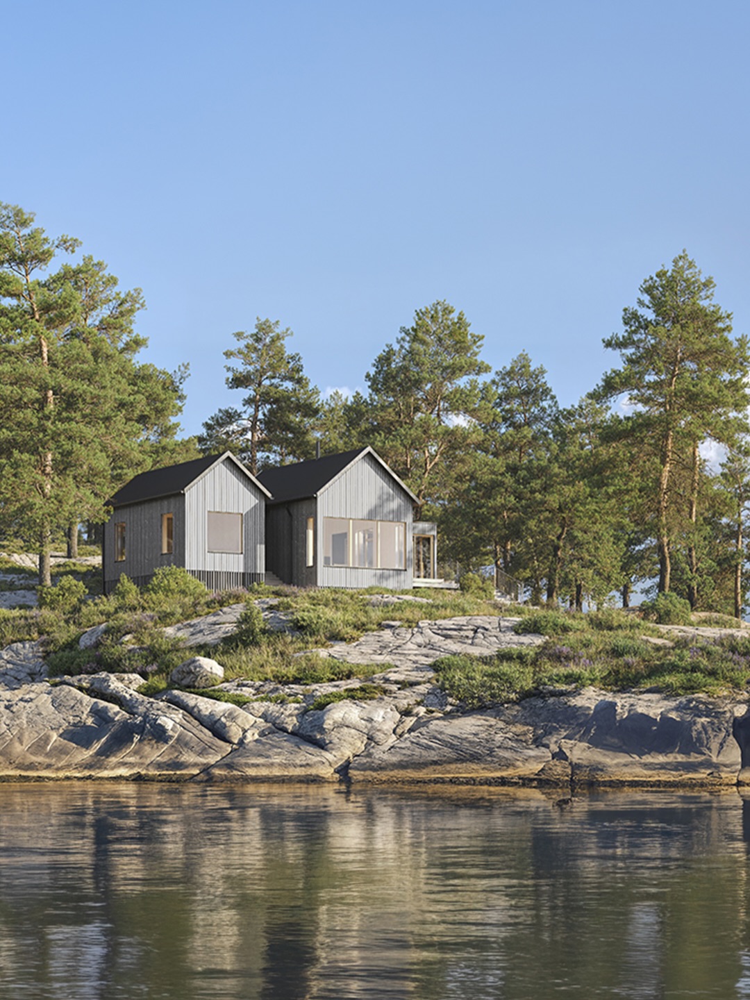Out in the Ekenäs archipelago, another MNY project is about to begin construction.
With Project Svärdsholmen, the emphasis is on sustainable approach and preserving the environment. The project has a seemingly simple form but the details are in the materials. The house stands on concealed pillars and the grey facade allows the building to blend with its surroundings. Pine panels on the exterior, cedar shingles by the entrance and sheet metal for the roof bring different textures and angles.
On the inside, this summer escape features large windows that frame a stunning view over a dynamic coastal landscape and a warmth is generated by combining bleached pine surfaces with terracotta tiles.
Project Svärdsholm is a perfect blend of setting and architecture situated on a small island.
Visualisations by @nrrsken
#architecture #scandinavian #scandinavianarchitecture #nordicdesign #designstudio