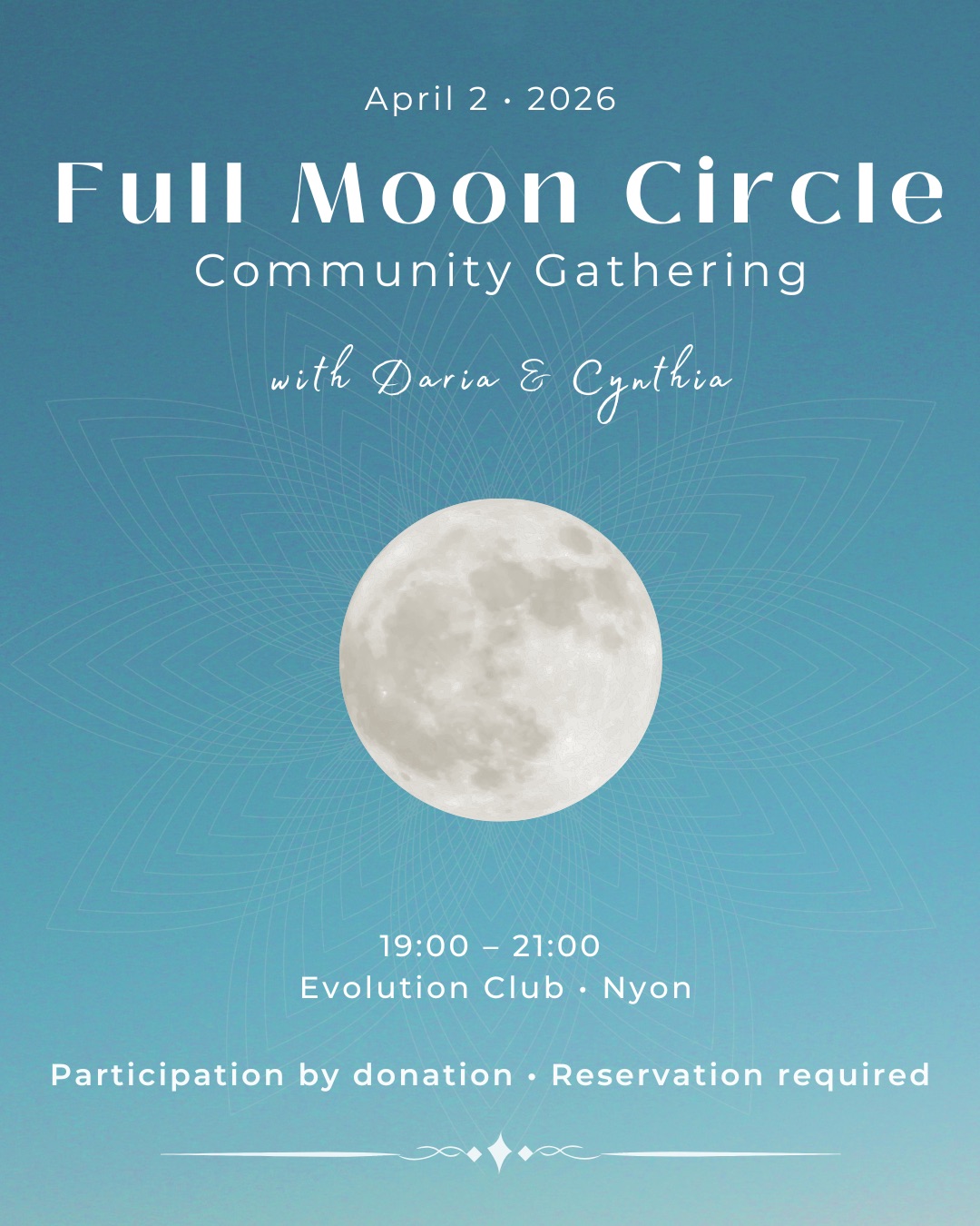 Under the light of the Libra Full Moon, we gather ✨
On April 2, we’ll come together @evolutionclub.dmk, Daria’s beautiful new space in Nyon, for an evening of gentle movement, breath, mantra and meditation… just as we love it.
A moment to slow down, to soften, to reconnect, with ourselves and with each other ✨🧘♀️✨🧘🏽♀️✨
We’ll close the evening in circle, sharing a warm chai and welcoming this first full moon this spring in the sweetness of community.
Participation by donation
Reservation required (limited spots)
With love,
Daria & Cynthia 🤍