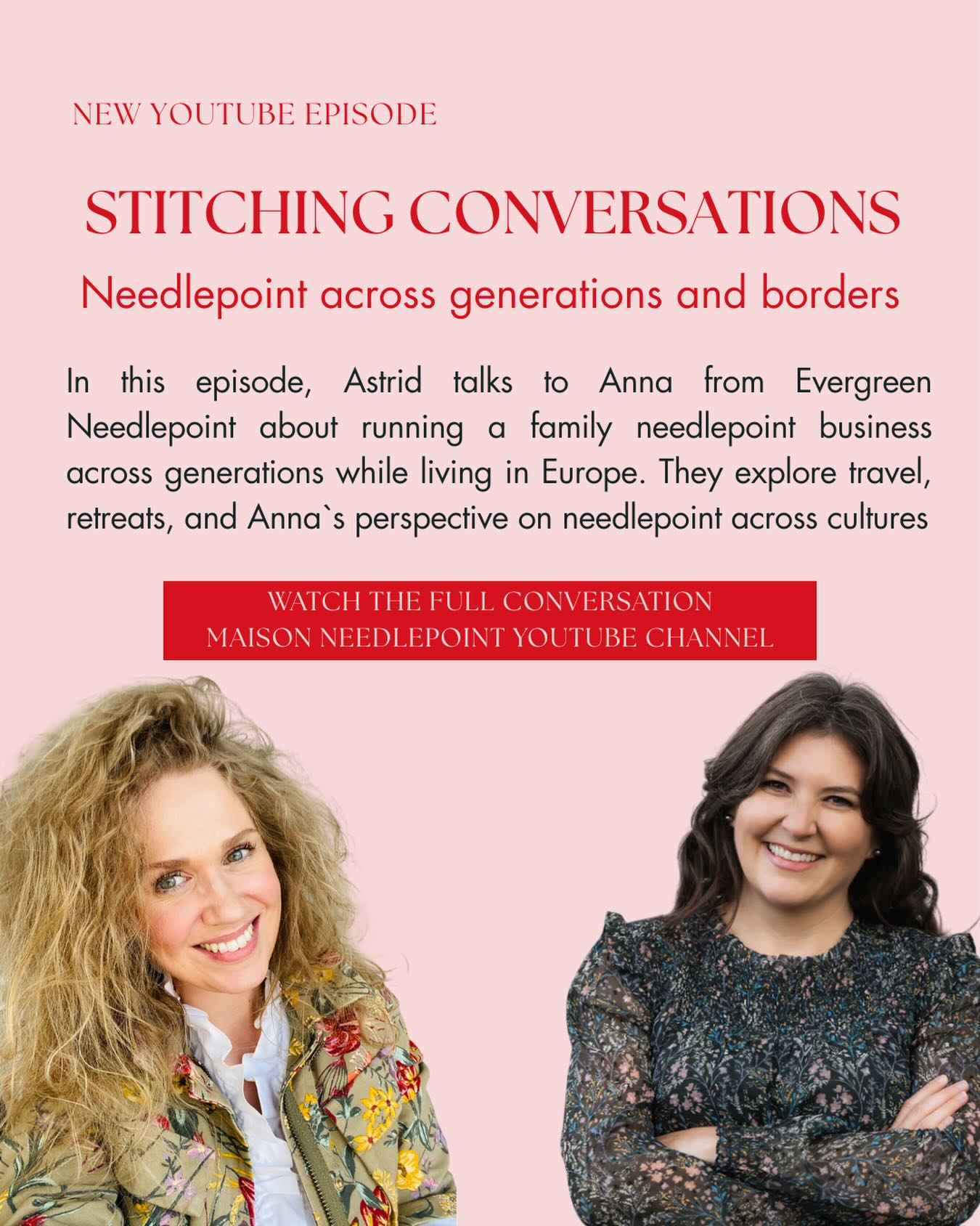 This week I had such a fun conversation with Anna from Evergreen Needlepoint. She talked about how needlepoint has always been part of her life, how Evergreen Needlepoint turned into a Family Business, the challenge of Running a US based Business from Europe, and how living in Münich inspired her to start the Evergreen Getaways. Check out the Full conversation on the Maison Needlepoint @youtube Channel. See Link in Bio @evergreenneedlepoint #stitchingconversations #needlepoint #femaleownedbusinesses #internationaltravel #familyheritage
