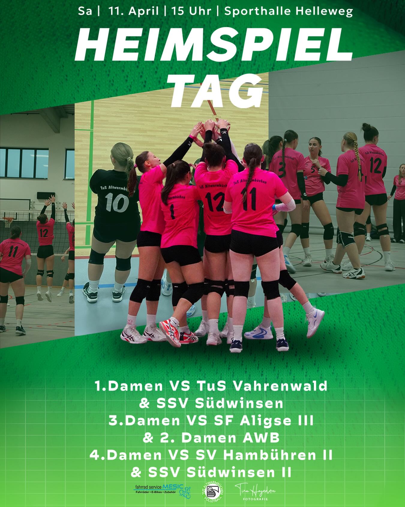 Save the Date Teil 3! Am 11.04. sind auch alle unsere Damenteams in der Halle vom Schulcampus Isernhagen.
Die 1. Damen können in Halle 1 mit zwei Siegen den Aufstieg in die Landesliga klarmachen!
In Halle 3 kommt es zum vereinsinternen Duell zwischen 2. und 3. Damen und in Halle 4 kämpfen die 4. Damen um die Tabellenführung.
Der Eintritt ist frei und für ein reichhaltiges Buffet ist, wie immer, gesorgt.
Bezirksliga 2 ▶️ Halle 1
❤️1. Damen vs. @vahrenwald_volleyball_damen & @ssv_volleyball
Bezirksklasse 5 ▶️ Halle 3
💜3. Damen vs. 💛2. Damen & @3.damen_sf_aligse
Kreisliga 3 ▶️ Halle 4
🩷4. Damen vs. @svh2_damen_vb & @ssv_volleyball
📅: 11.04.2026
⌚️: 15 Uhr
🚗: Schulcampus Altwarmbüchen, Helleweg
#tusaltwarmbüchen #tusaltwarmbüchenvolleyball #nwvv #heimspiel #volleyball