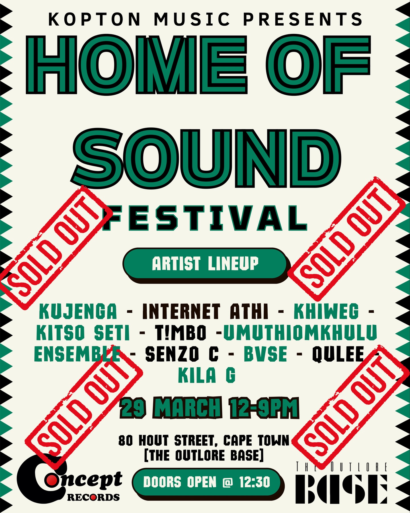 We did it guys!🥹🇿🇦🏆🎫Tickets to the Home of Sound festival are officially SOLD OUT!🔥I’d like to thank all of the ticket buyers for supporting this event and all of the amazing artists on the lineup who will be performing this coming Sunday, as this event would not be possible without you.🙏🏿🎙️I’d also like to thank all the people who won’t be able to attend our 3rd anniversary party on Sunday who have been supportive of the agency over the years! We see you and we thank you!💚
⚠️Please note that no additional tickets will be sold online OR at the door as the venue is at full capacity as of today! Alcoholic and non-alcoholic beverages will be sold at the venue and no external beverages will be permitted on site. No persons under the age of 18.🔞 See you there!
#homeofsoundfestival #soldout #koptonmusic #southafricanjazz #capetown