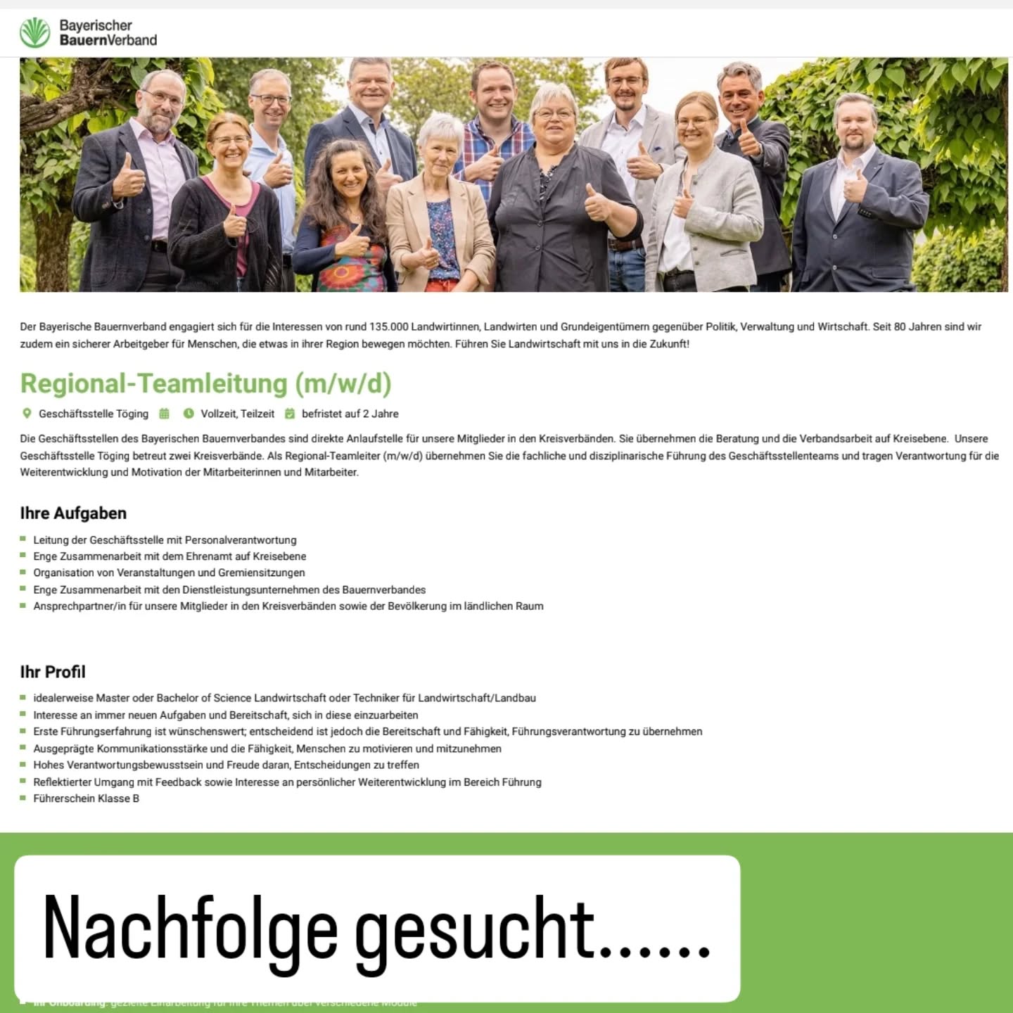 Mit einem lachenden und einem weinenden Auge verabschiede ich mich zum 30. April 2026 von meiner Tätigkeit beim Bayerischen Bauernverband. Die Zeit hier hat mich geprägt, viele Begegnungen und Erfahrungen werden bleiben 🙏🌱
Gleichzeitig beginnt ein neues Kapitel: der Wechsel ins Bürgermeisteramt – eine Aufgabe, auf die ich mich sehr freue und die ich mit voller Motivation angehe.
Meine bisherige Geschäftsführung für die Kreisverbände Altötting, Mühldorf und Rottal-Inn wird künftig von zwei Teamleitern übernommen. Die Stellen sind aktuell ausgeschrieben und an den Standorten Eggenfelden und Töging angesiedelt. Ich bin mir sicher, dass die Arbeit in enger Abstimmung mit unseren ehrenamtlichen Strukturen und den Mitgliedsbetrieben erfolgreich weitergeführt wird 🤝
Danke an alle, die mich auf diesem Weg begleitet haben! 💚
https://www.bayerischerbauernverband.de/jobportal