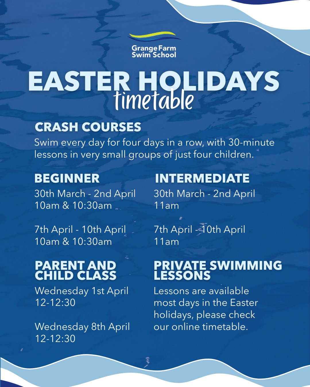 🐣 Easter Holiday Swimming Reminder 🏊♂️
Don’t forget our Easter holiday sessions are filling up fast!💦
From Crash Courses in small groups of just 4, to Parent & Child classes for under 3s and private lessons, there’s something for every age and ability to build confidence and progress in the water.
Perfect for keeping little ones active and learning over the holidays 🌸
📅 Running throughout the Easter break
🔗 Book now: bookwhen.com/holiday-lesson-bookings
Spaces are limited - don’t miss out!