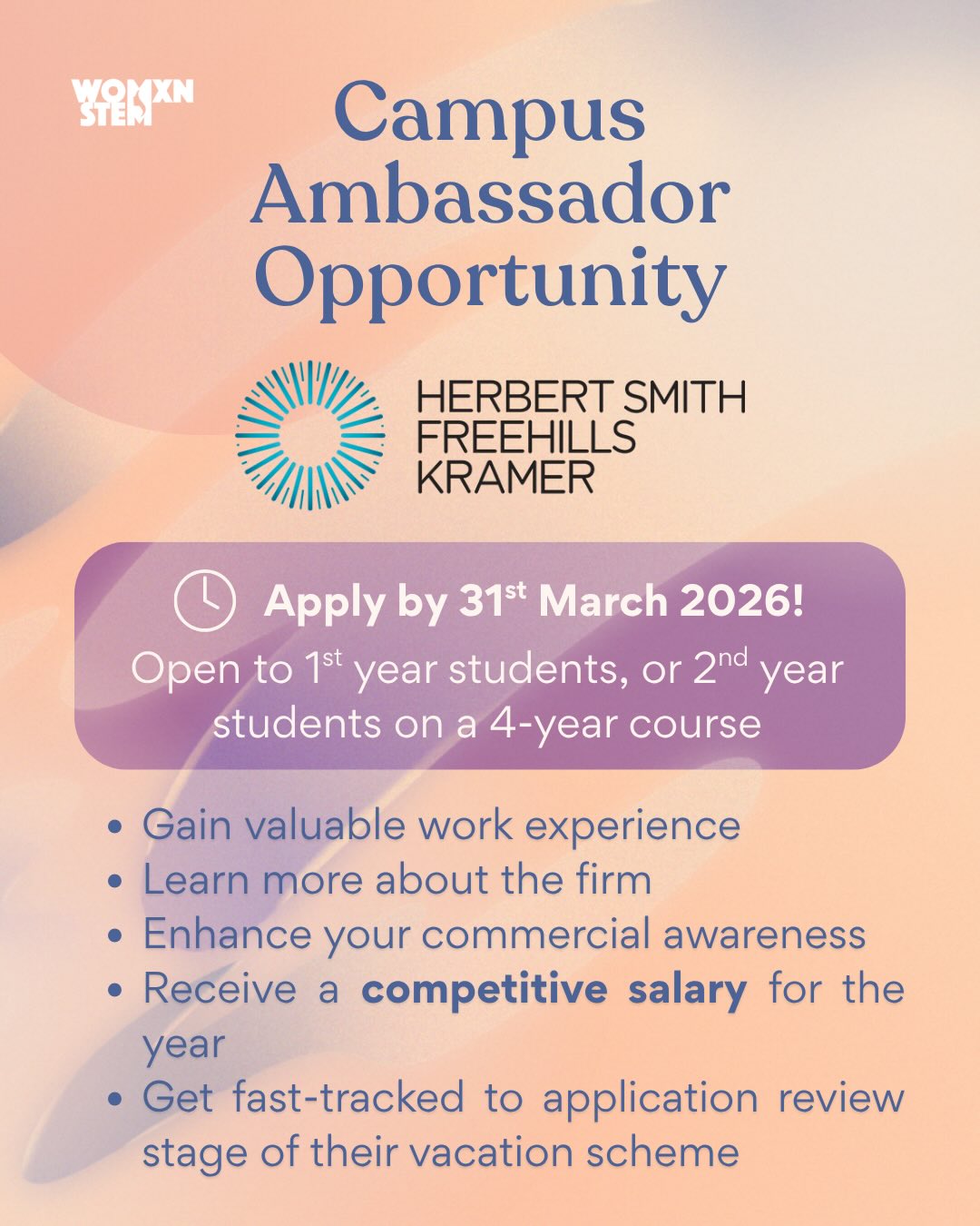 Represent. Get paid. Get fast-tracked. š
Herbert Smith Freehills Kramerās Campus Ambassador Programme 2026/27 is open for applications ā but the deadline is 31st March(TODAY!), so act fast.
A paid opportunity for first-year students to represent one of the worldās leading law firms on campus. Link in bio š
#CampusAmbassador #LawCareers #StudentOpportunities