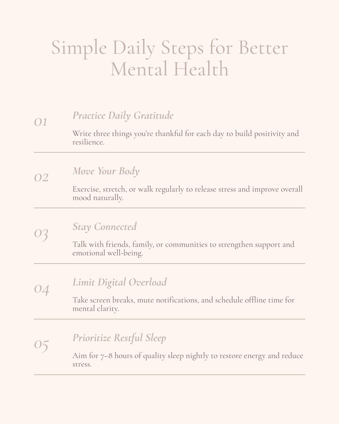 Small steps, big impact 🤍
Taking care of your mind doesn’t have to be overwhelming, sometimes it’s the simplest habits that make the biggest difference.
Start today:
✨ Practice gratitude
✨ Move your body
✨ Stay connected
✨ Take a break from the noise
✨ Prioritise your sleep
Your mental health matters, every single day.
Save this as a gentle reminder 💭
#MentalHealthMatters #SelfCareDaily #WellbeingTips #MindsetShift #HealthyHabits