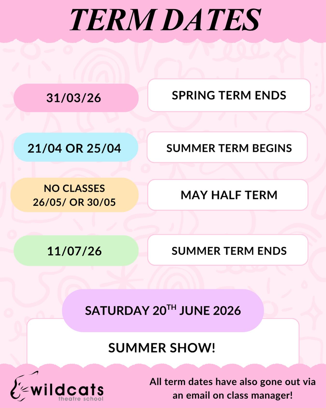 📆 DATES FOR THE DIARY 📆
Following our email that has gone out to parents this week regarding our term dates until the end of term, here is another reminder to refer back to when our classes finish and begin from now until the Summer!
We know you all are super busy so hopefully this helps to keep you all in the loop! We can’t wait for what’s to come at Wildcats as we continue with our HSM show prep… (see show date above too!) 🎭
We can’t WAIT! ✨
#termdates #fun #showterm #datesforthediary #theatreschool