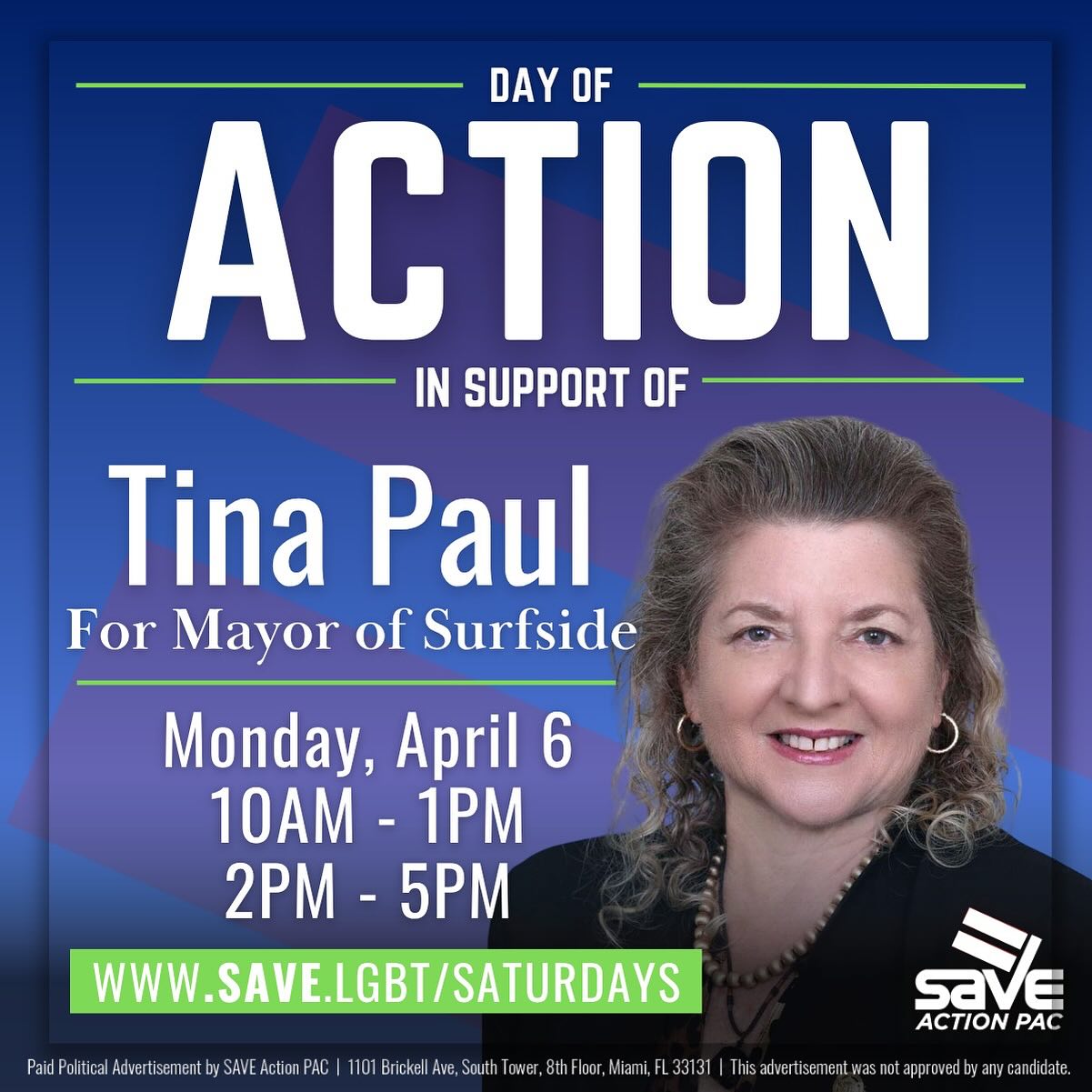 SAVE is mobilizing for a critical Day of Action in the final stretch of the Surfside mayoral runoff!
We’re proud to support Tina Paul and we need all hands on deck to turn out the vote!
Join us Monday, April 6 to canvass and phone bank with our team:
10:00 AM to 1:00 PM
2:00 PM to 5:00 PM
Election Day is Tuesday, April 7 at Surfside Town Hall.
There is no early voting. Voters can only vote by mail or in person on Election Day, making this final push decisive. Show up! Take action! Help us win!
Sign up at the link in our bio and our field team will follow up with next steps! Let’s win this!