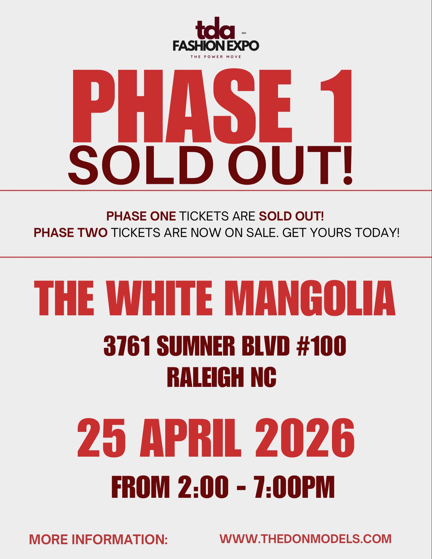 PHASE 1 = SOLD OUT 👀🔥
And if you missed it… don’t worry (but don’t get comfortable either 😮💨)
PHASE 2 is NOW LIVE 🎟️
This just confirmed one thing…
👉🏾 The city is READY.
Raleigh, NC 📍 we’re bringing together:
✨ Designers
✨ Models
✨ Entrepreneurs
✨ Creatives
For an experience you don’t want to miss:
Runway Shows • Panels • Live Performances • Networking
📅 April 25, 2026
🕑 2PM – 7PM
📍 The White Mangolia
If Phase 1 sold out this fast…
what do you think Phase 2 is about to do? 👀
🎟️ Get your tickets NOW before it’s too late
Use a model code for $$ off