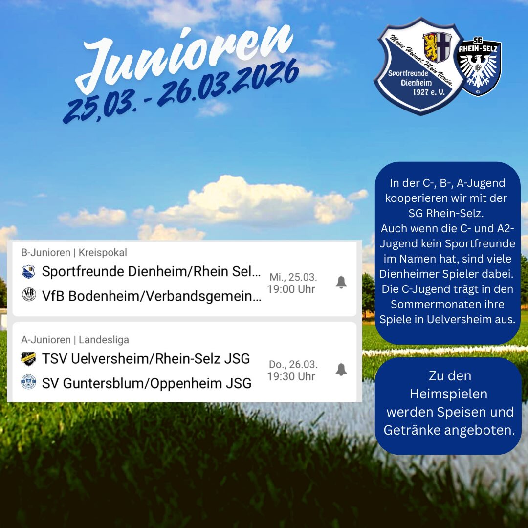 Nachdem am Dienstag Trainingseinheiten mit unserem #05erclubpartner stattfinden, findet schon am kommenden Mittwoch ein Pokalspiel unserer B-Jugend auf heimischem Rasen statt. Wir begrüßen Bodenheim und freuen uns auf zahlreiche Zuschauer und volle Unterstützung bei bester Verpflegung 💙🤍
Am Donnerstag spielt die A-Jugend in der Landesliga gegen den @sv1921guntersblum.
Wir drücken unseren Teams die Daumen 💙🤍
#dienheim #sportfreunde #meineheimatmeinverein