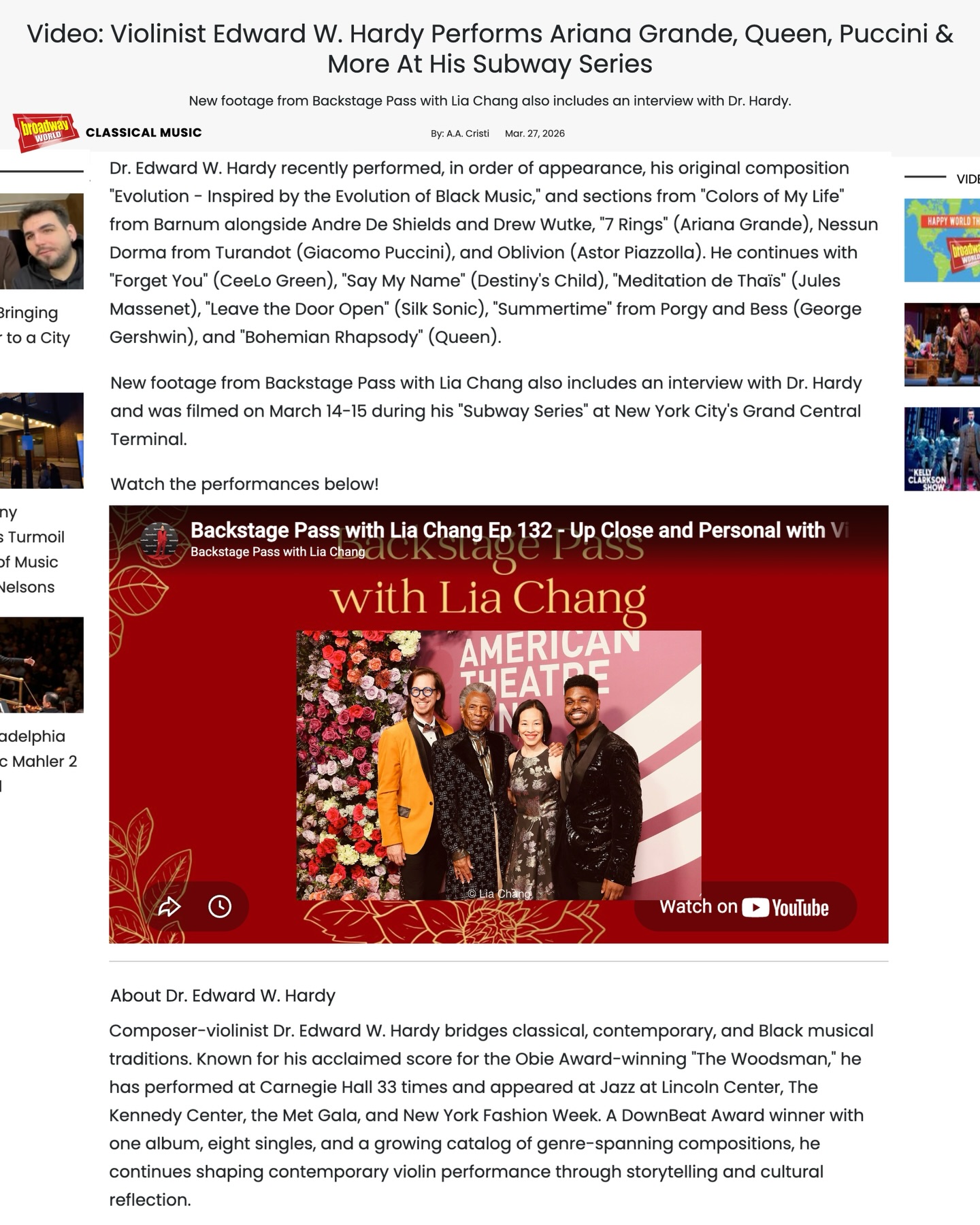 Thank you so much, @officialbroadwayworld!😆🎻
—
“Video: Violinist Edward W. Hardy Performs Ariana Grande, Queen, Puccini & More At His Subway Series
New footage from Backstage Pass with Lia Chang also includes an interview with Dr. Hardy.
Dr. Edward W. Hardy recently performed, in order of appearance, his original composition “Evolution - Inspired by the Evolution of Black Music,” and sections from “Colors of My Life” from Barnum alongside @andre_deshields and @drewwutke, “7 Rings” (@arianagrande), “Nessun Dorma” from Turandot (Giacomo Puccini), and Oblivion (Astor Piazzolla). He continues with “Forget You” (@ceelogreen), “Say My Name” (@destinyschild), “Meditation de Thaïs” (Jules Massenet), “Leave the Door Open” (@silksonic), “Summertime” from Porgy and Bess (@thegershwinbrothers), and “Bohemian Rhapsody” (@officialqueenmusic).
New footage from @backstagepasswithliachang also includes an interview with Dr. Hardy and was filmed on March 14-15 during his “Subway Series” at New York City’s Grand Central Terminal.
Watch the performances below!”
https://www.broadwayworld.com/bwwclassical/article/Video-Violinist-Edward-W-Hardy-Performs-Ariana-Grande-Queen-Puccini-More-At-His-Subway-Series-20260327
#interview #composer #violinist #livemusic #broadway
