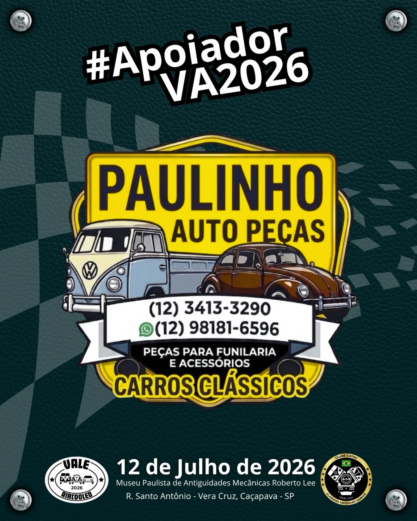 🔩🚗 Tudo o que seu clássico precisa em um só lugar!
O Paulinho Auto Peças é apoiador do Vale Aircooled e referência quando o assunto é peças de funilaria e acessórios para veículos clássicos.
Com variedade e experiência, oferece soluções para manter cada detalhe do seu carro sempre em dia — do acabamento à restauração.
Clássico bem cuidado começa pelas peças certas! 💛
#ValeAircooled2026 #PaulinhoAutoPeças #CarrosClássicos #Funilaria #AcessóriosAutomotivos AircooledBrasil Antigomobilismo