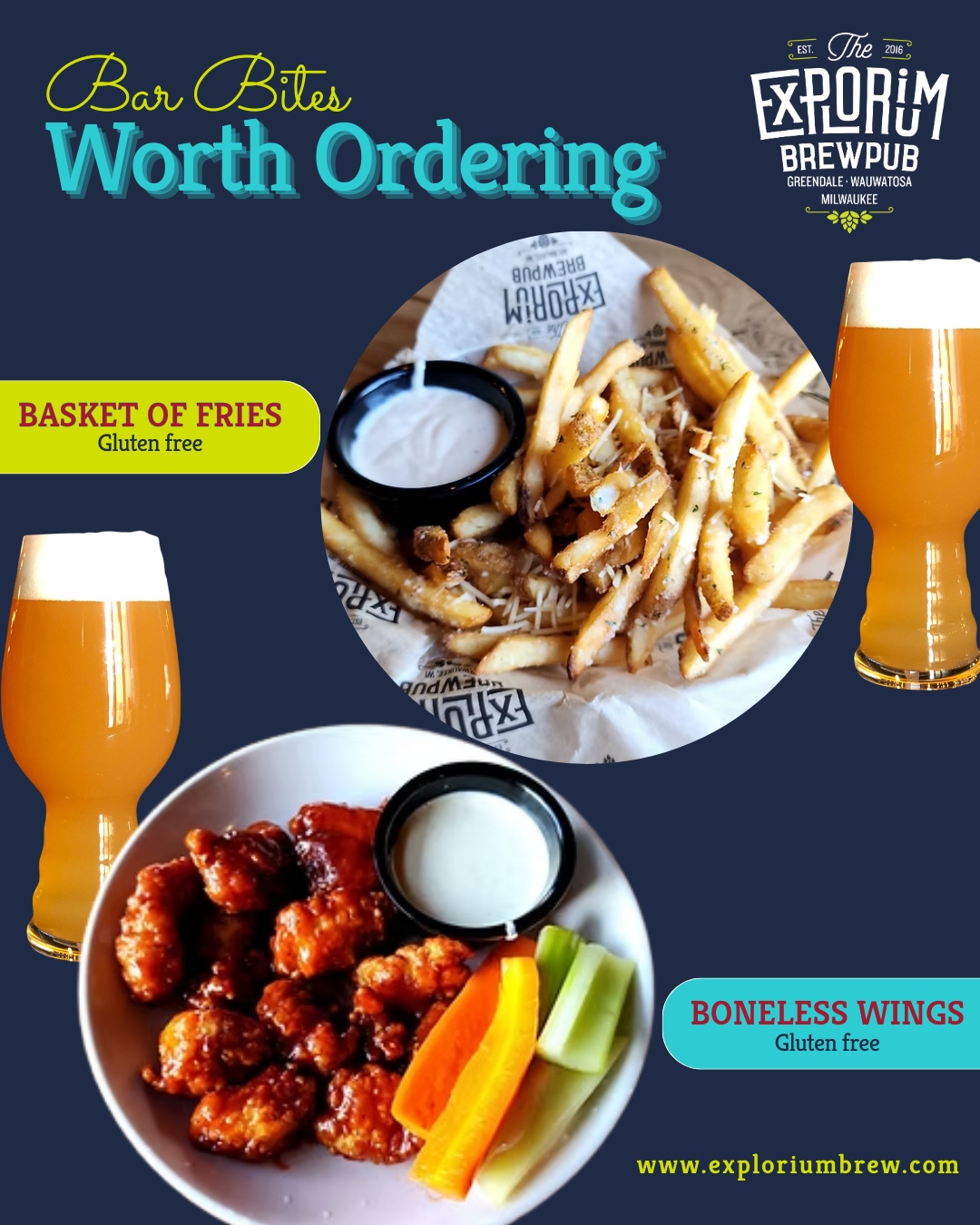 The Boneless Wings bring a generous portion of breaded white meat chicken, fried and tossed in the flavor you like best. The Basket of Fries delivers a full pound of golden fries served with garlic aioli, a simple plate that always hits the spot with a cold house beer.
Head over to The Explorium Brewpub, pick your bar bite, and enjoy it with a fresh pour from the tap list.
🌐 Click the link in the bio.
#exploriumbrew #exploretastediscover #supportlocal #visitmke #milwaukee #craftbeer #whiskeybar