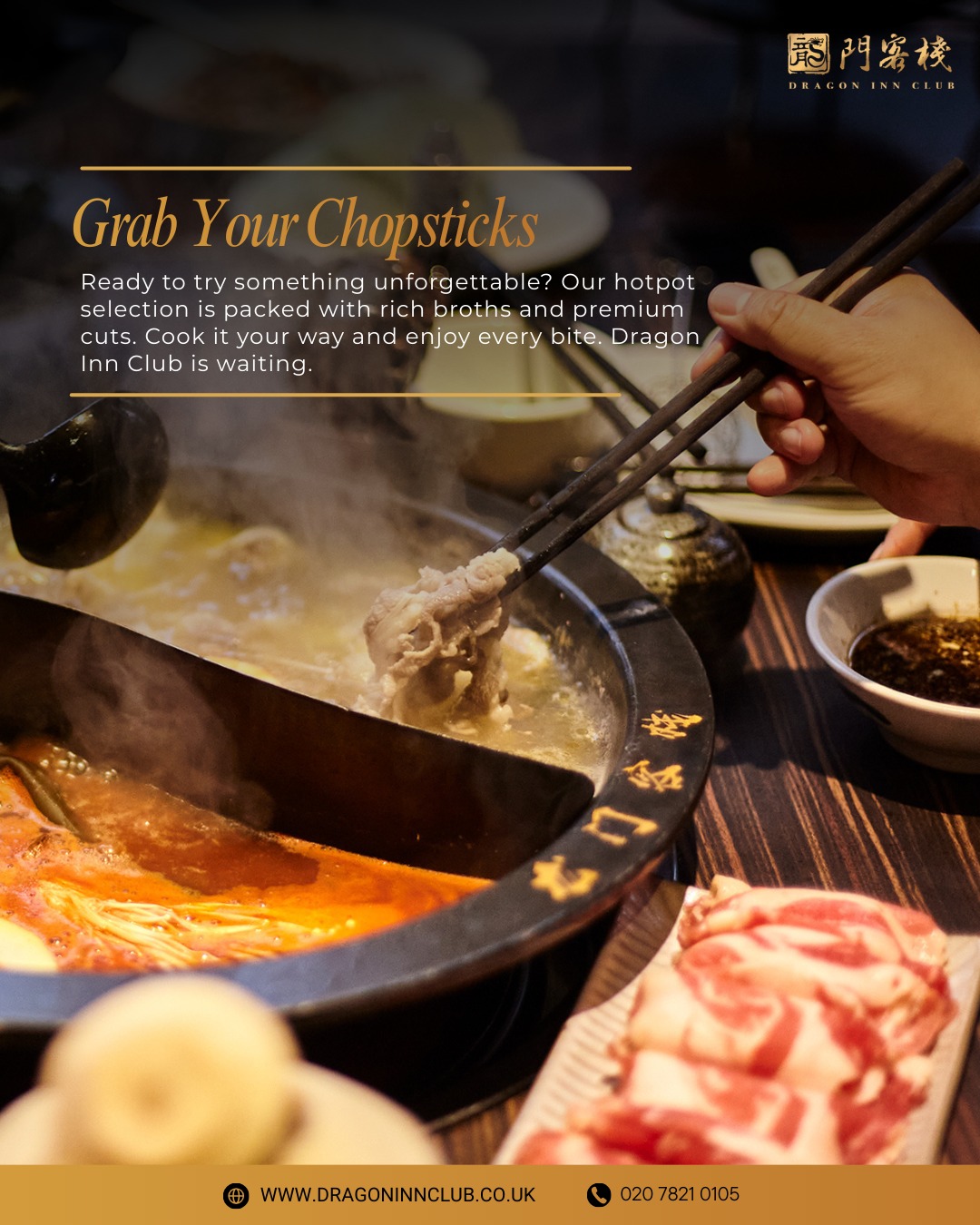 Grab your favourite chopsticks and dive into our premium hotpot meats. From thinly sliced beef to fresh seafood, every ingredient is top quality. Simmer, dip, and savour bold flavours. Try our hotpot today.
#Dragoninclub #Sichuan #Sichuanhotpot #dimsum #london #pimilco #londonvictoria #buckinghampalace #chelsea #theatres